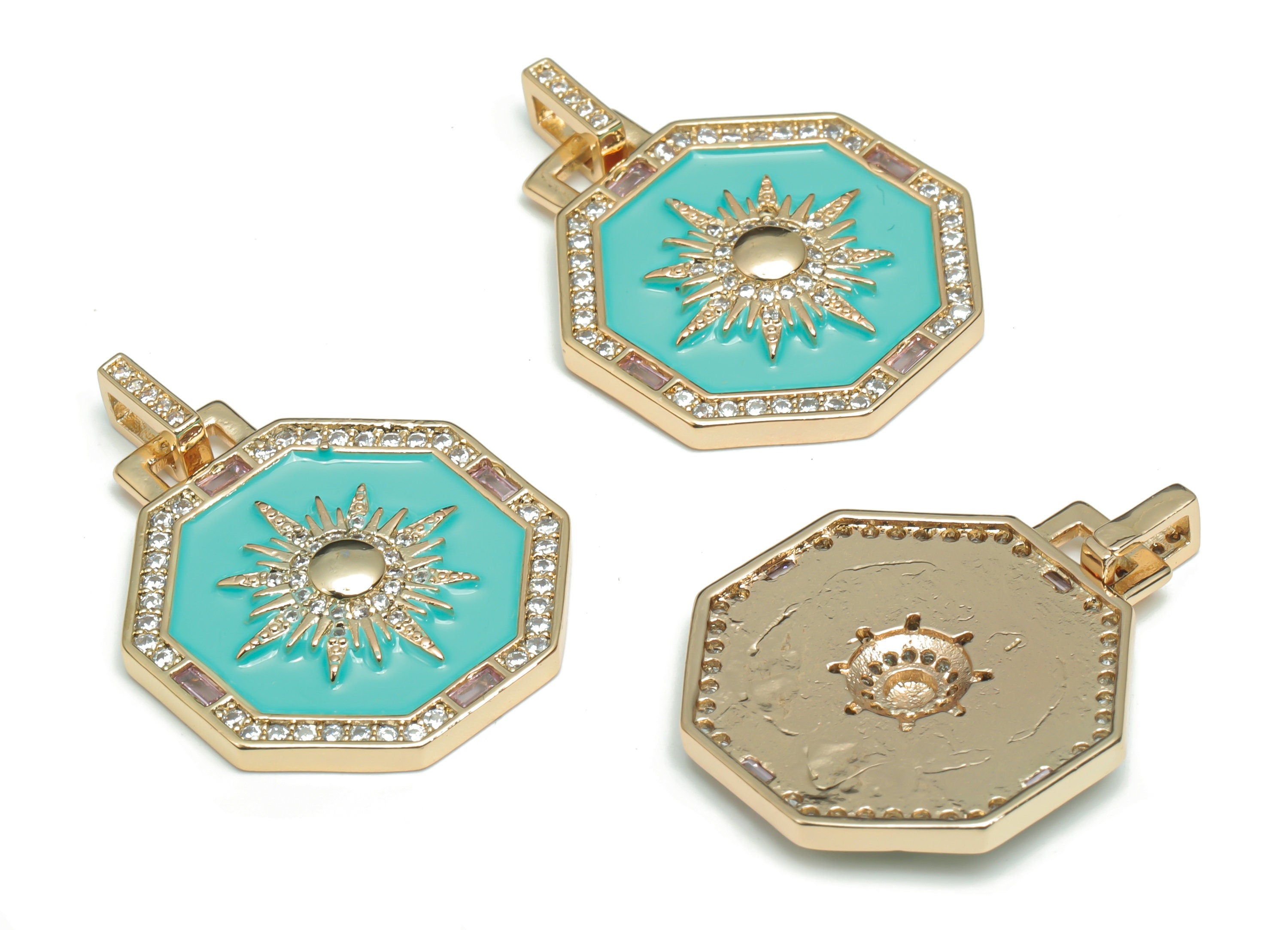 Brass Hexagon Sun Planet Charms With Zincons - Enamel Star Hexagon Pendant - 18K Real Gold Plated - 31.79x23.7x2.63mm - RGP4341B - DOMEDBAZAAR