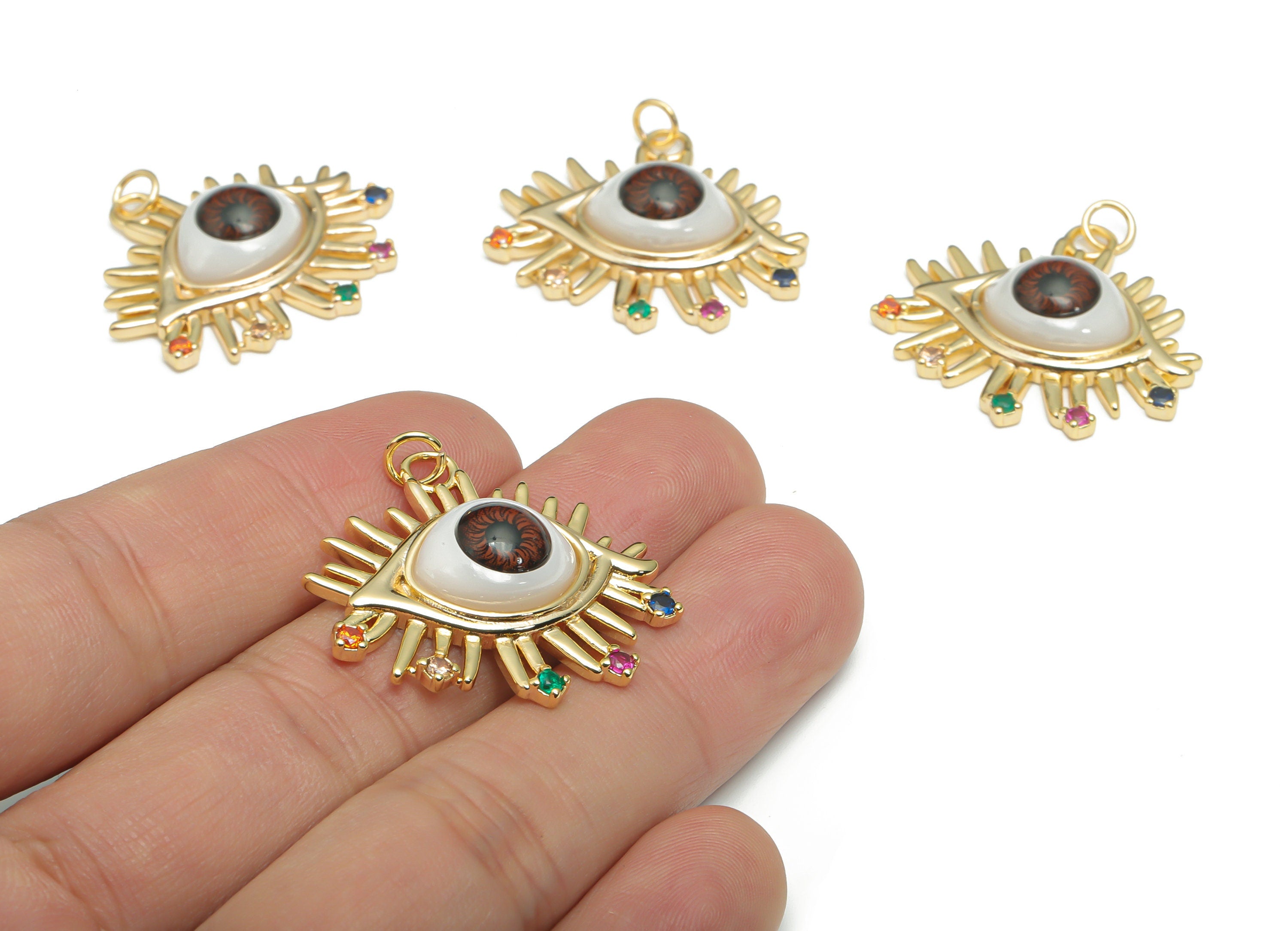 Brass Brown Eye Earring Charms With Zircons - Plastic Patch Gold Eyelash Pendant - 18K Real Gold Plated Brass - 30.3x28.42x7.04mm - RGP4291C - DOMEDBAZAAR