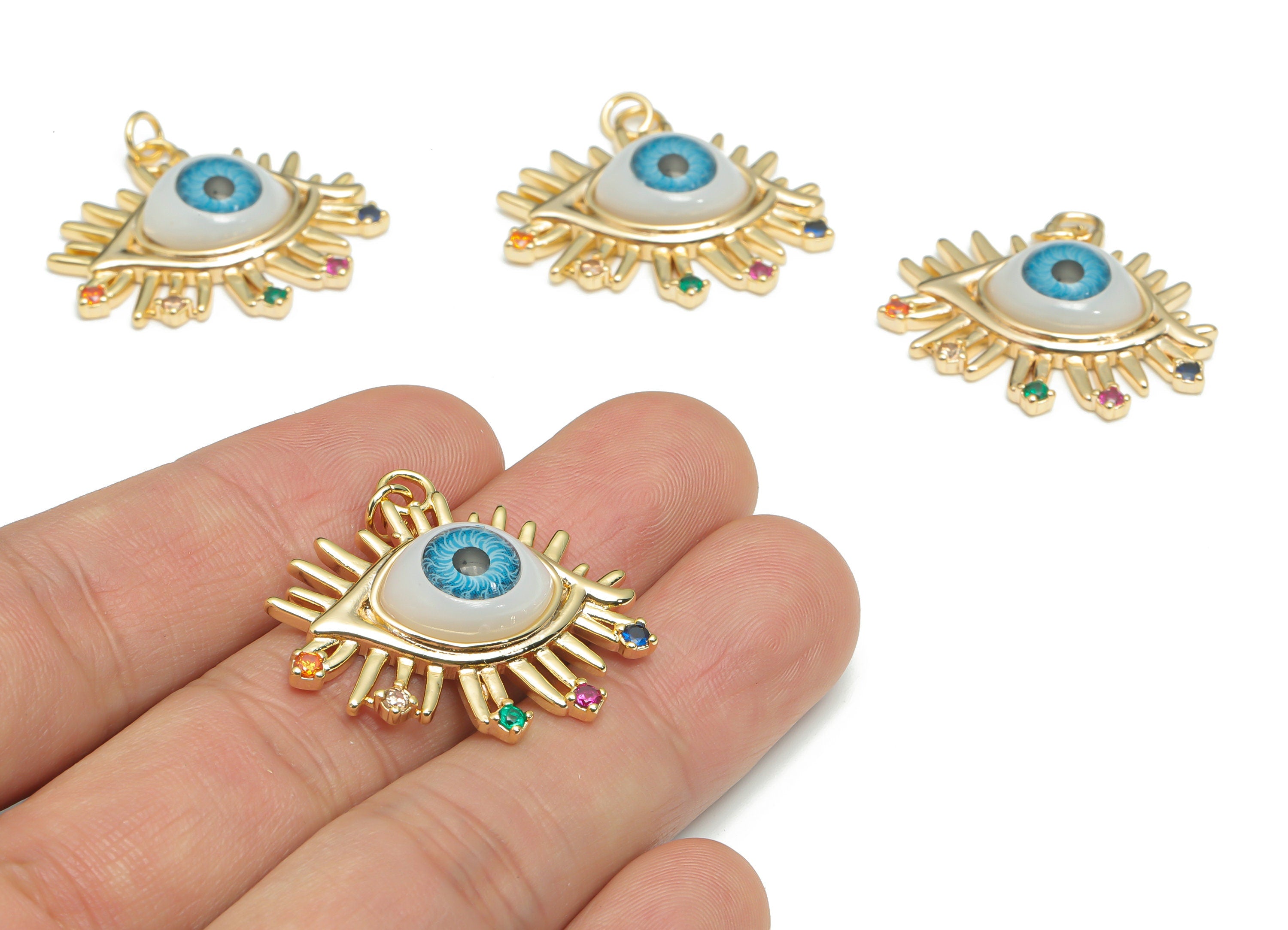 Brass Blue Eye Earring Charms With Zircons - Plastic Patch Gold Eyelash Pendant - 18K Real Gold Plated Brass - 30.3x28.42x7.04mm - RGP4291D - DOMEDBAZAAR