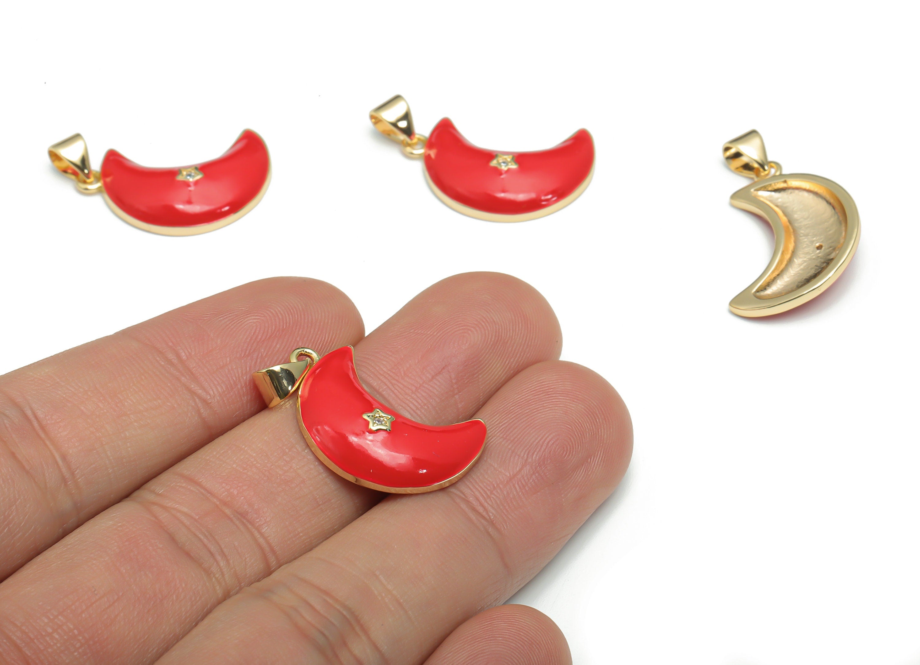 Brass Crescent Earring Charms With Zincons - Enamel Moon Star Pendant - 18K Real Gold Plated - Jewelry Supplies - 22.67x15.2x1.95mm-RGP4292B - DOMEDBAZAAR