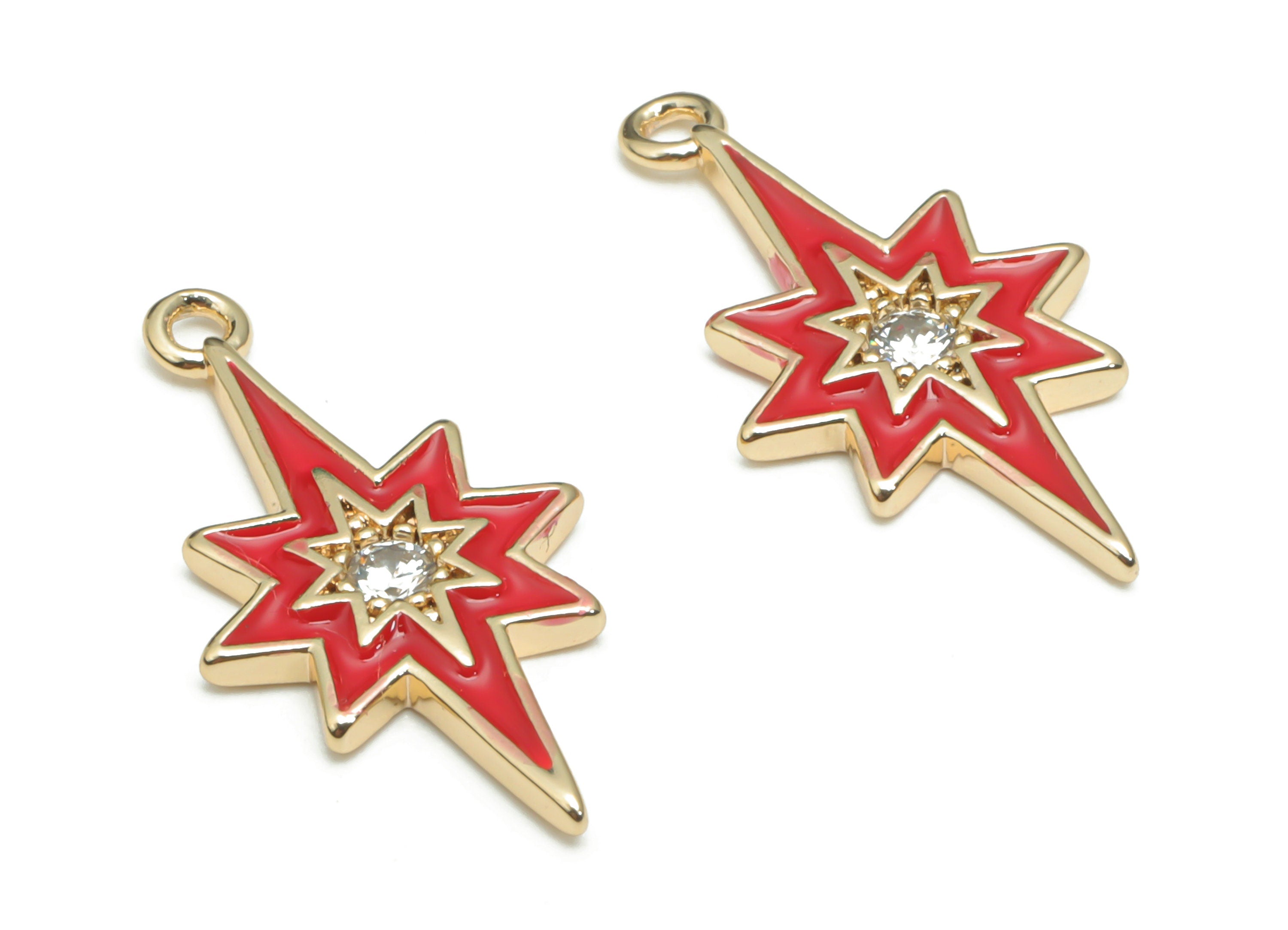 Brass Planet Earring Charms With Zincons - Enamel Gold Star Pendant - 18K Real Gold Plated - Jewelry Supplies - 21.06x10.83x1.6mm - RGP4296D - DOMEDBAZAAR