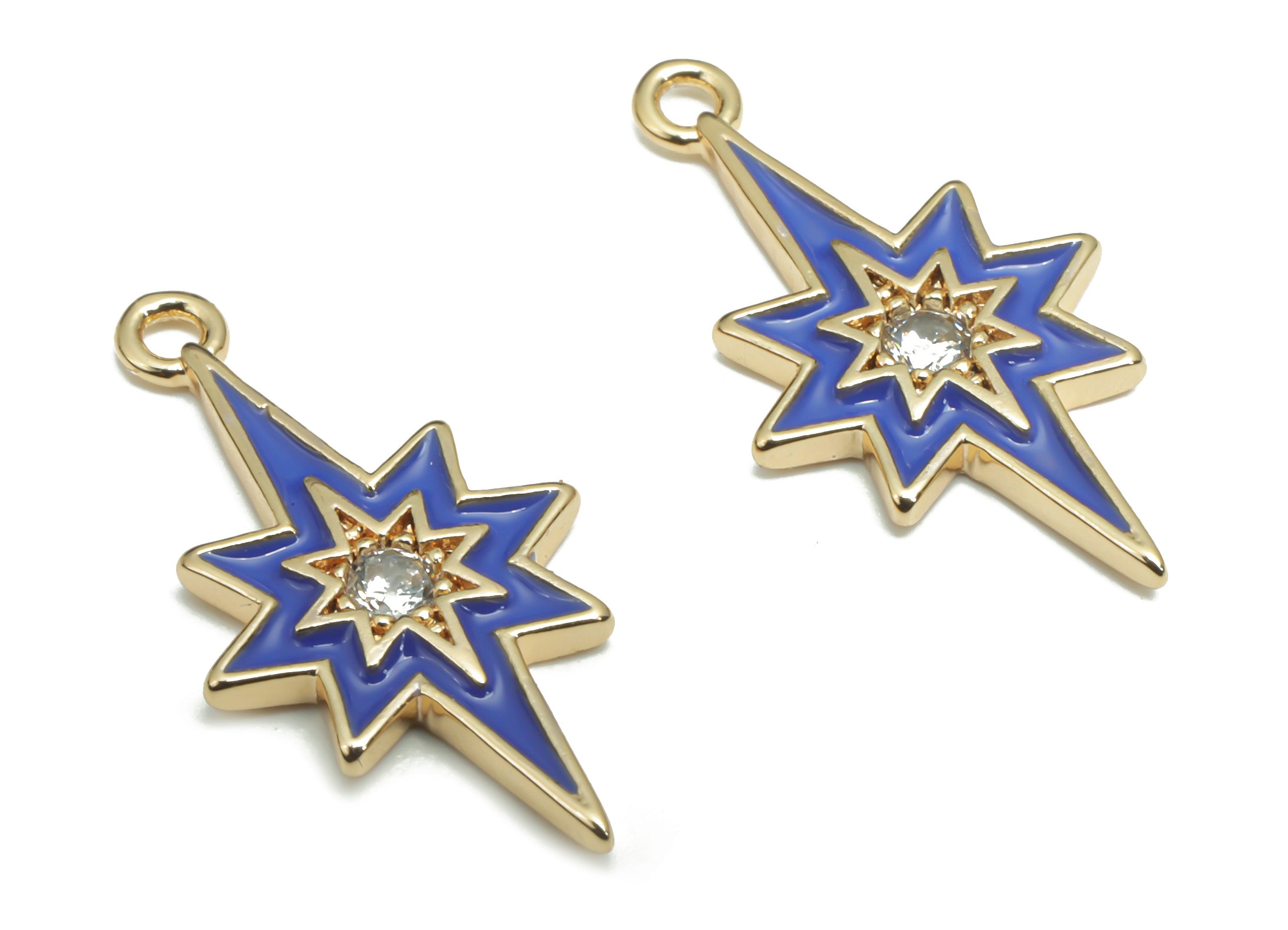 Brass Planet Earring Charms With Zincons - Enamel Gold Star Pendant - 18K Real Gold Plated - Jewelry Supplies - 21.06x10.83x1.6mm - RGP4296E - DOMEDBAZAAR