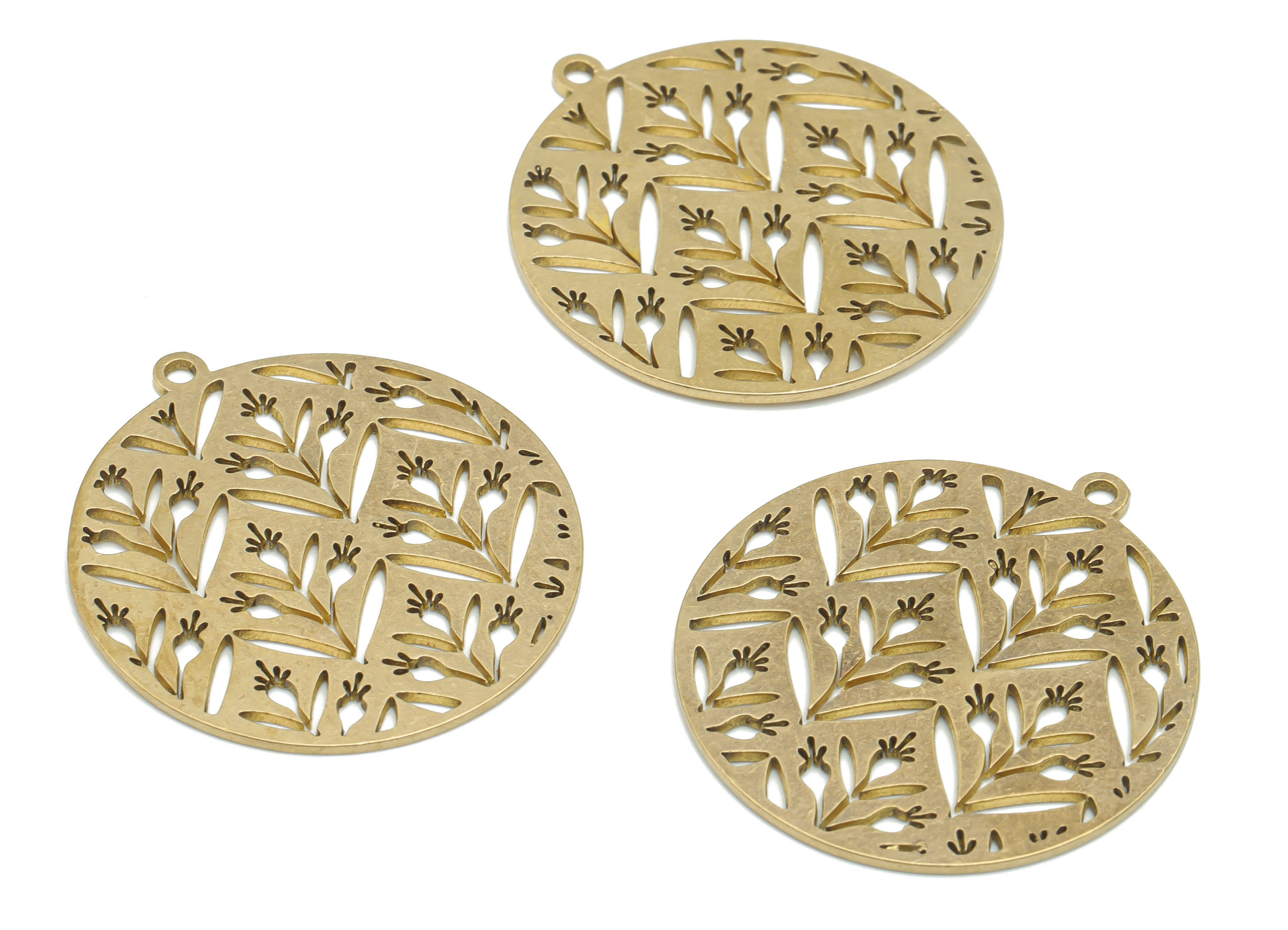 Brass Round Flower Grass Earring Charms - Raw Brass Branch Circle Pendant - DIY Jewelry Making Supplies - 34.82x32.01x0.96mm - PPA2382 - DOMEDBAZAAR