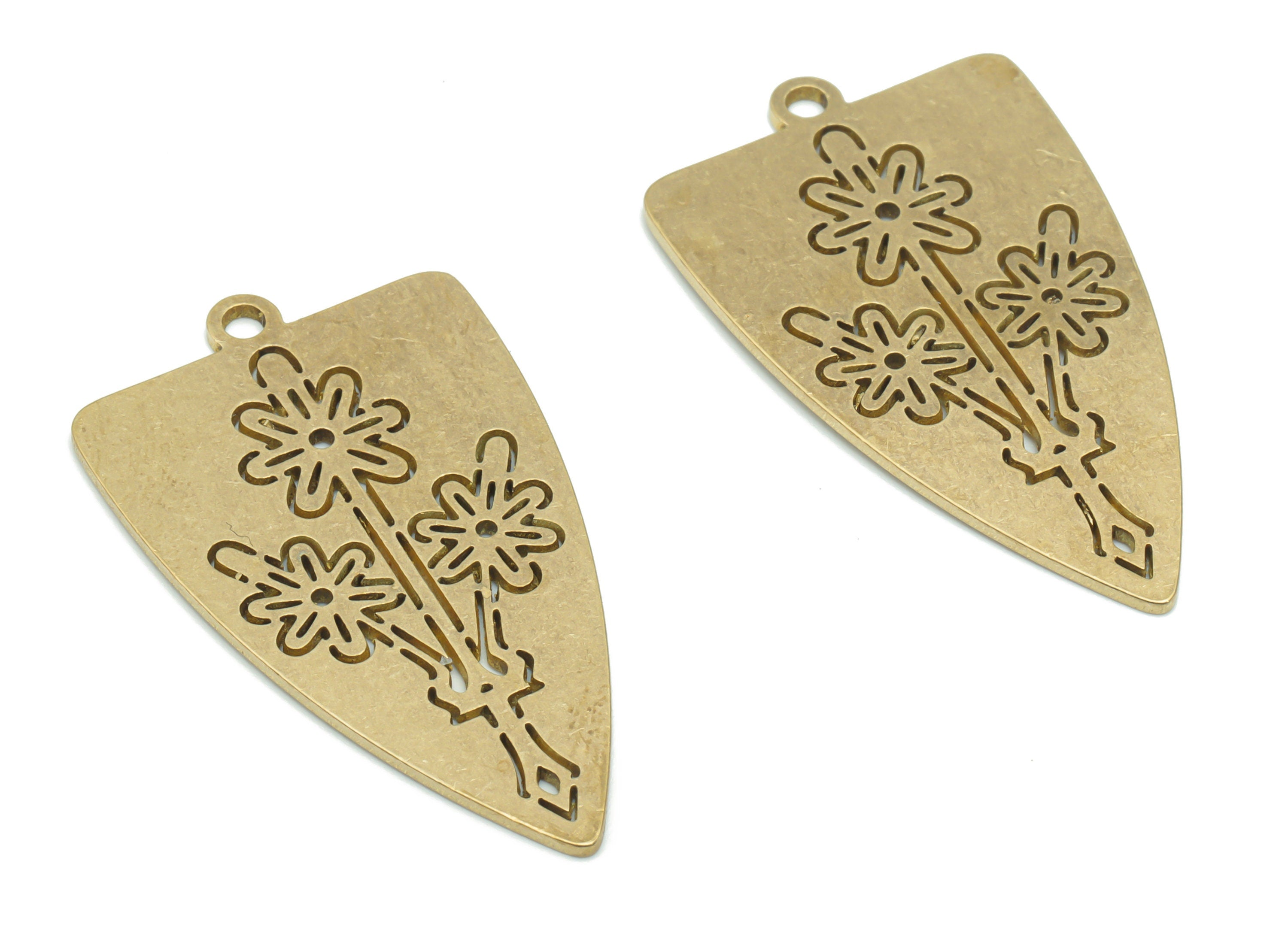 Brass Shield Cone Flower Arrow Earring Charms - Raw Brass Rectangle Flower Pendant - Jewelry Making Supplies - 34.81x20.47x0.87mm - PPA2363 - DOMEDBAZAAR