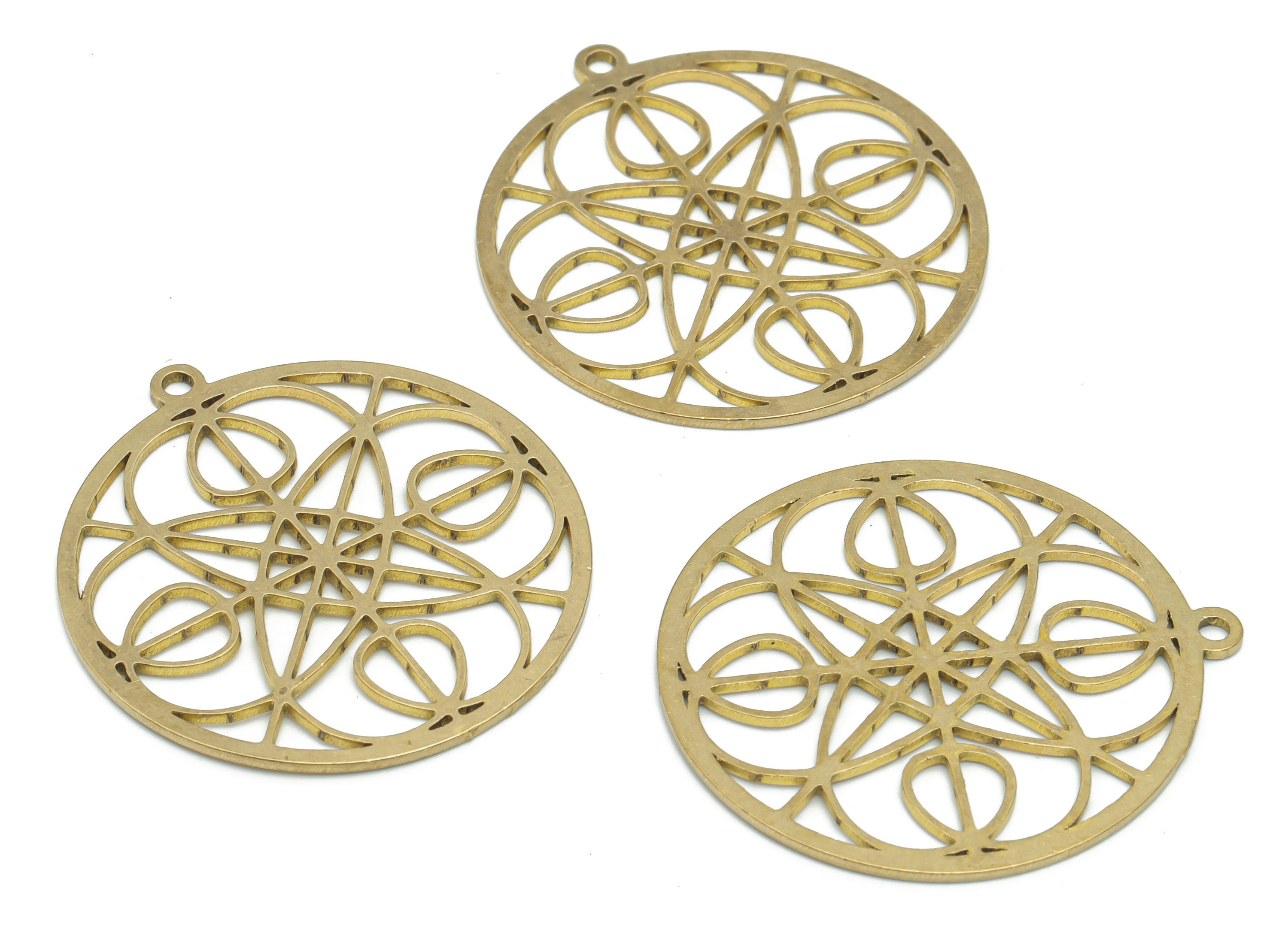 Brass Round Flower Earring Charms - Raw Brass Flower Circle Pendant - DIY Jewelry Making Supplies - 35.75x33.01x0.87mm - PPA2568 - DOMEDBAZAAR