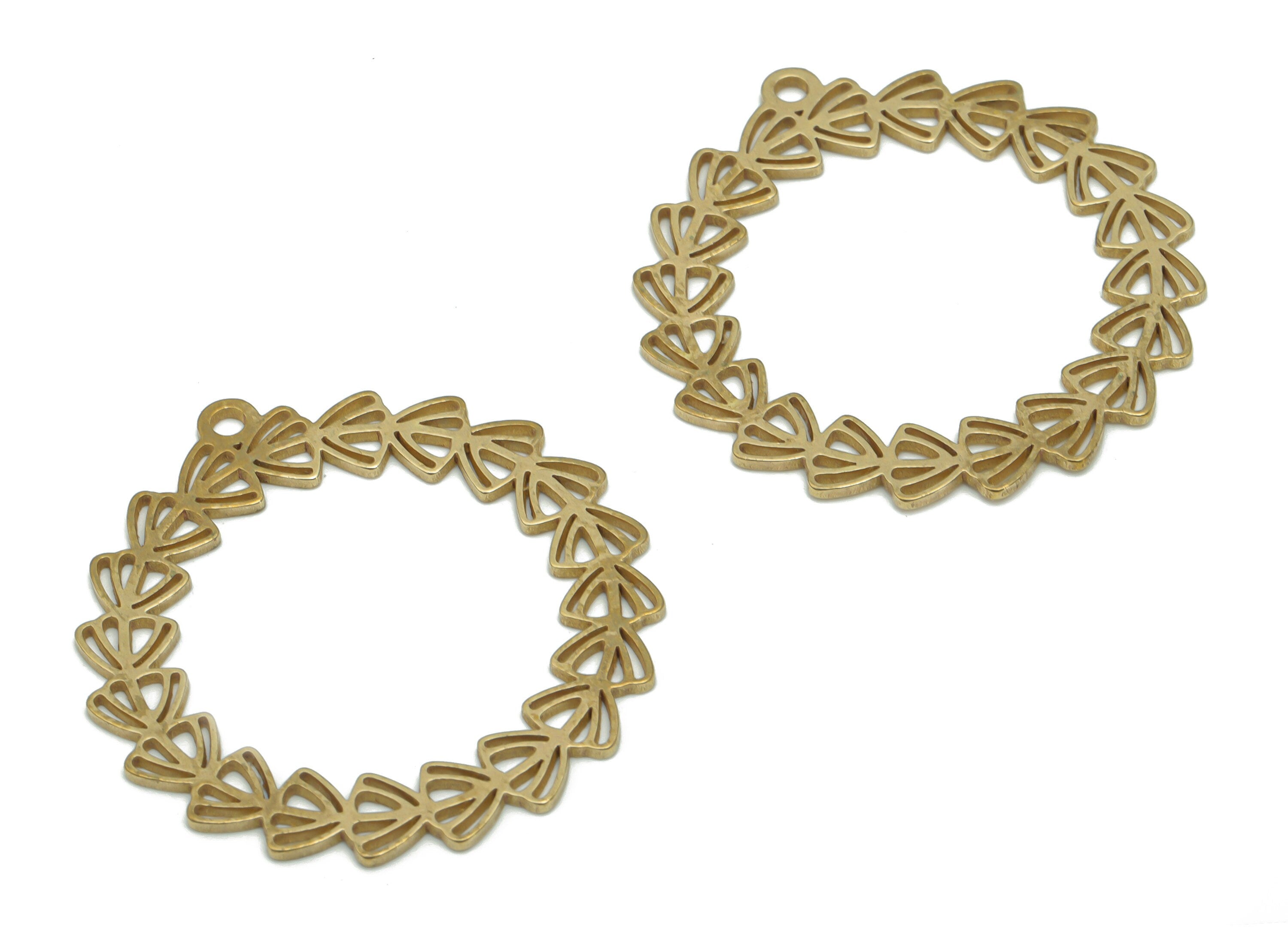 Brass Round Lotus Hoop Earring Charms - Raw Brass Circle Branch Hoop Pendant - DIY Jewelry Making Supplies - 35.81x33.31x0.92mm - PPA2038 - DOMEDBAZAAR