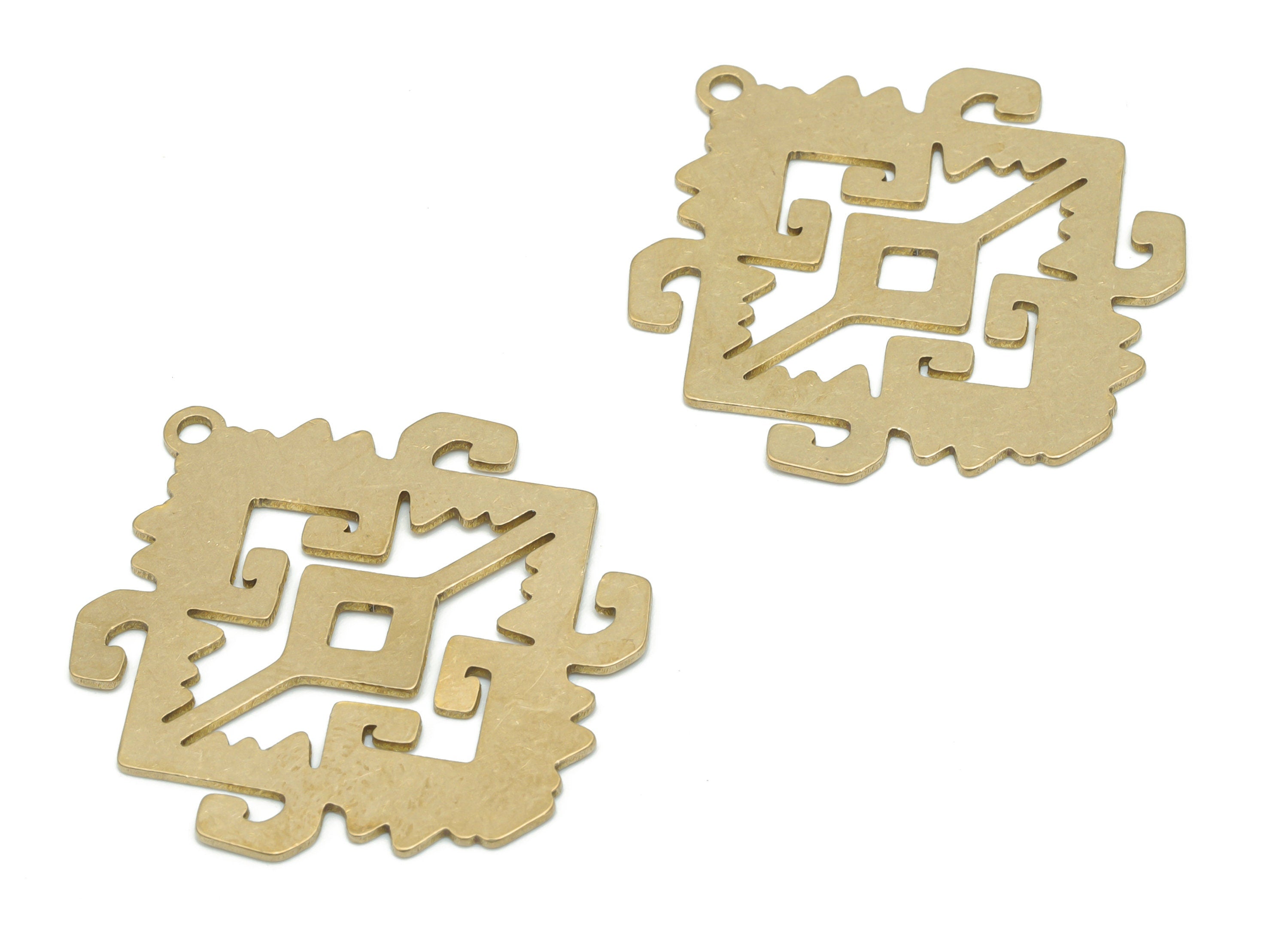 Brass Diamond Waves Iran Carpet Earring Charms - Raw Brass Textured Rhombic Waves Pendant - Jewelry Supplies - 35.83x30.6x0.64mm - PPA2457 - DOMEDBAZAAR