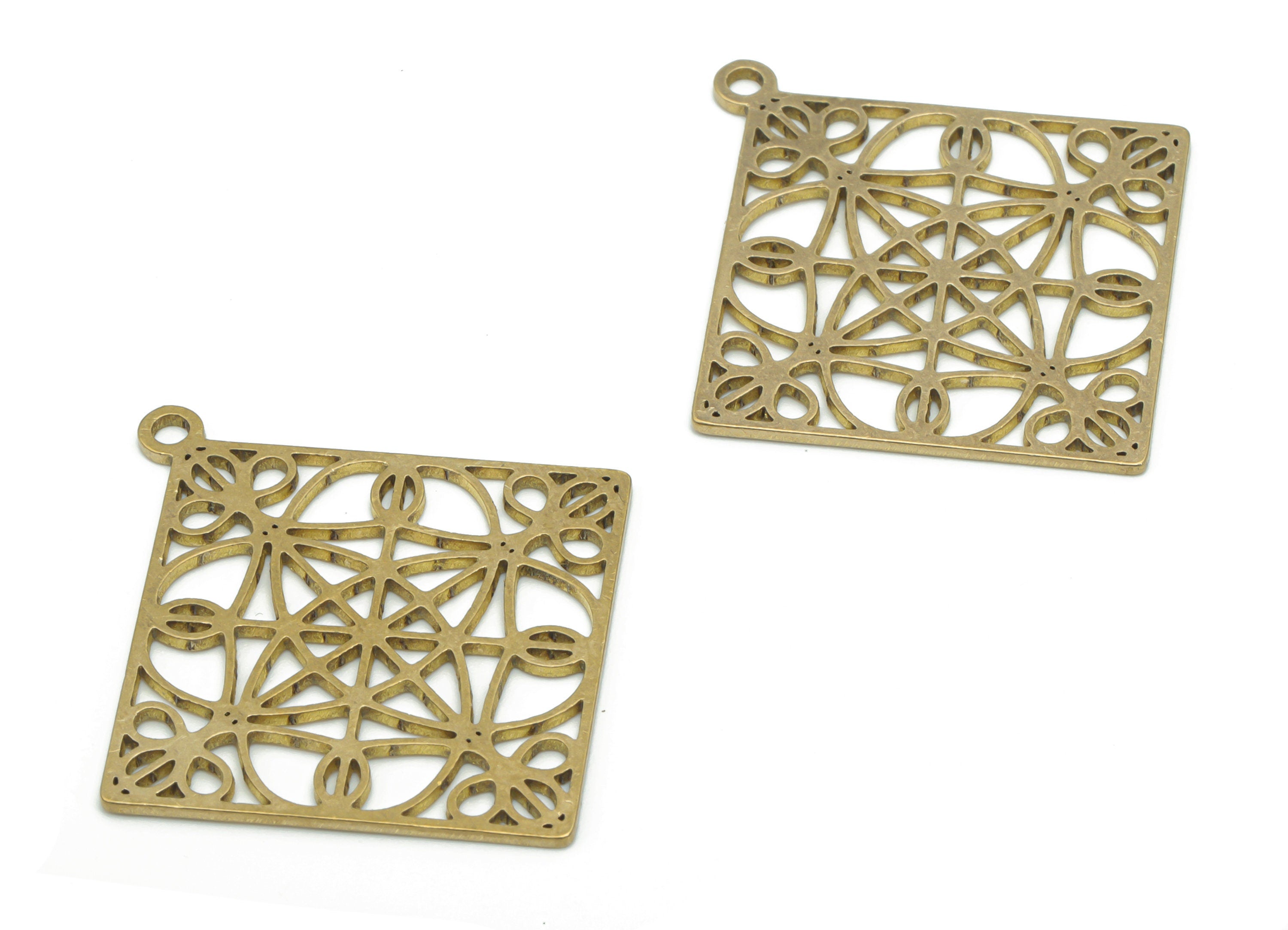 Brass Square Diamond Flower Earring Charms - Raw Brass Rhombic Flower Pendant - Jewelry Making Supplies - 37.71x34.77x0.87mm - PPA2566 - DOMEDBAZAAR