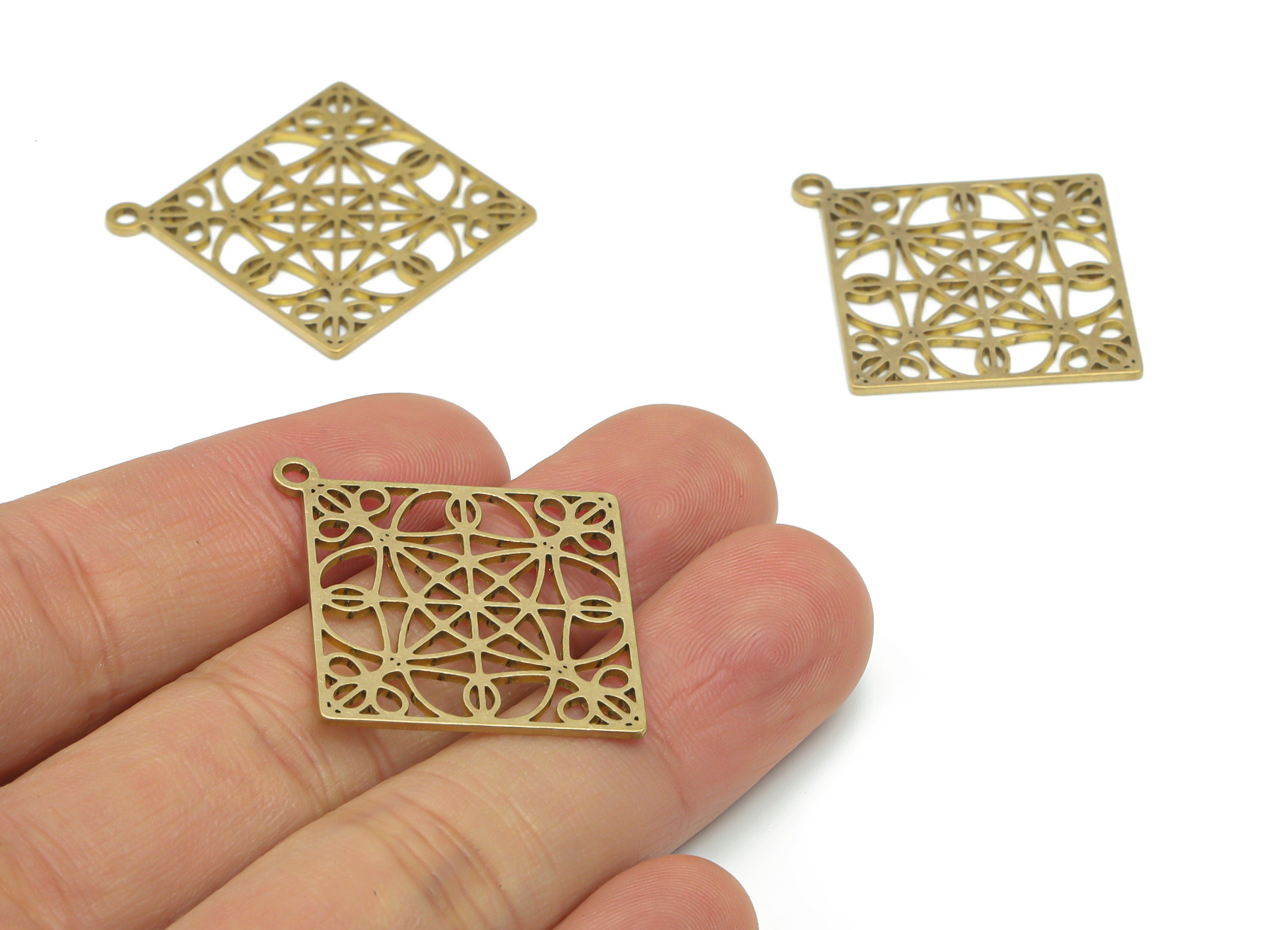 Brass Square Diamond Flower Earring Charms - Raw Brass Rhombic Flower Pendant - Jewelry Making Supplies - 37.71x34.77x0.87mm - PPA2566 - DOMEDBAZAAR