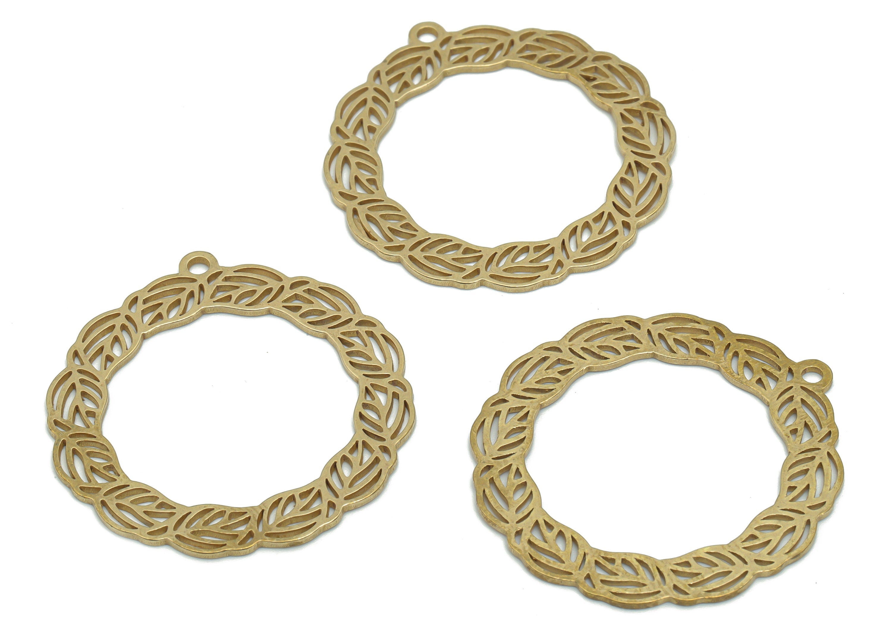 Brass Round Leafs Branch Hoop Earring Charms - Raw Brass Leaves Circle Pendant - DIY Jewelry Making Supplies - 35.68x33.21x0.85mm - PPA2040 - DOMEDBAZAAR