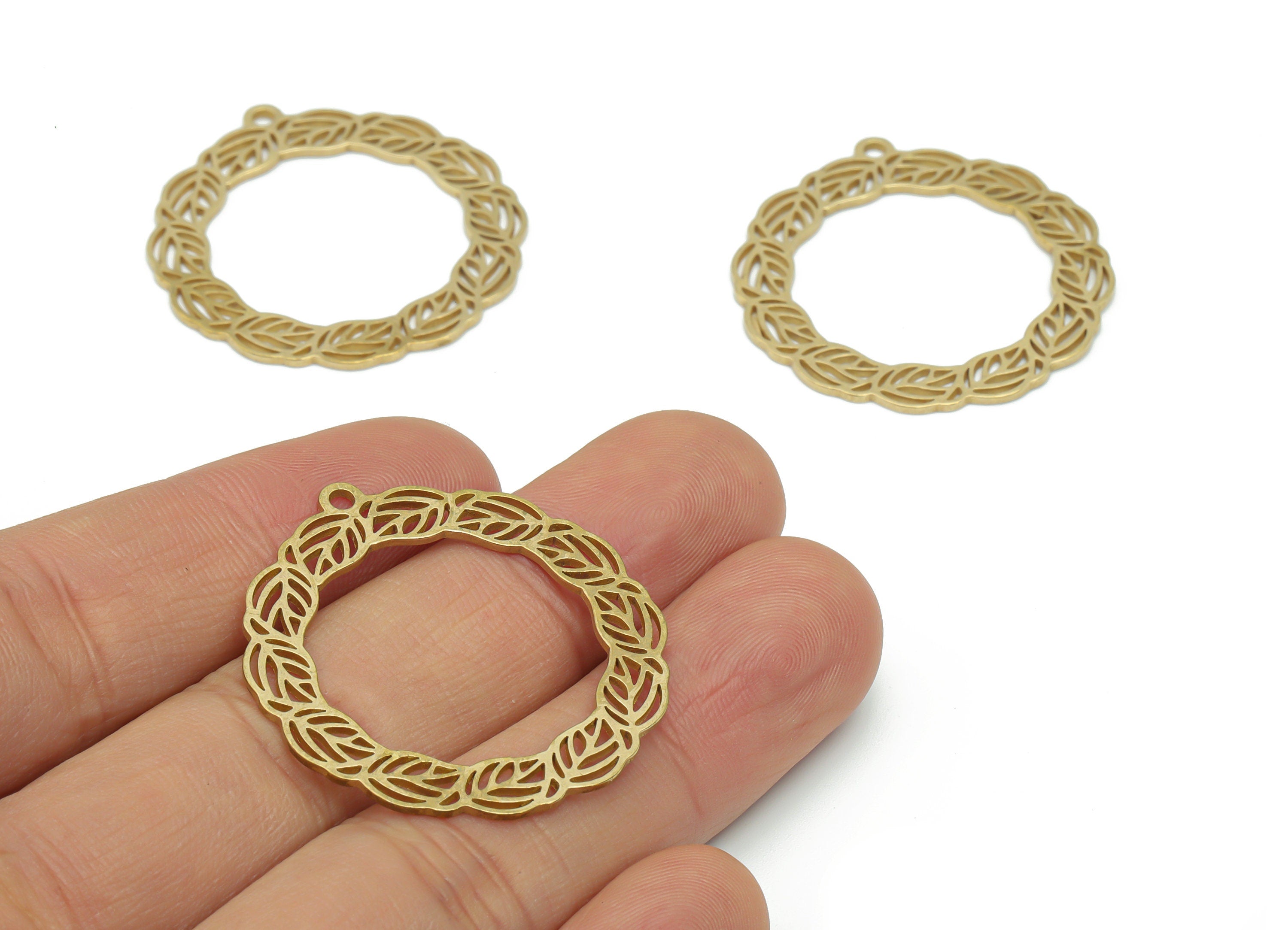 Brass Round Leafs Branch Hoop Earring Charms - Raw Brass Leaves Circle Pendant - DIY Jewelry Making Supplies - 35.68x33.21x0.85mm - PPA2040 - DOMEDBAZAAR