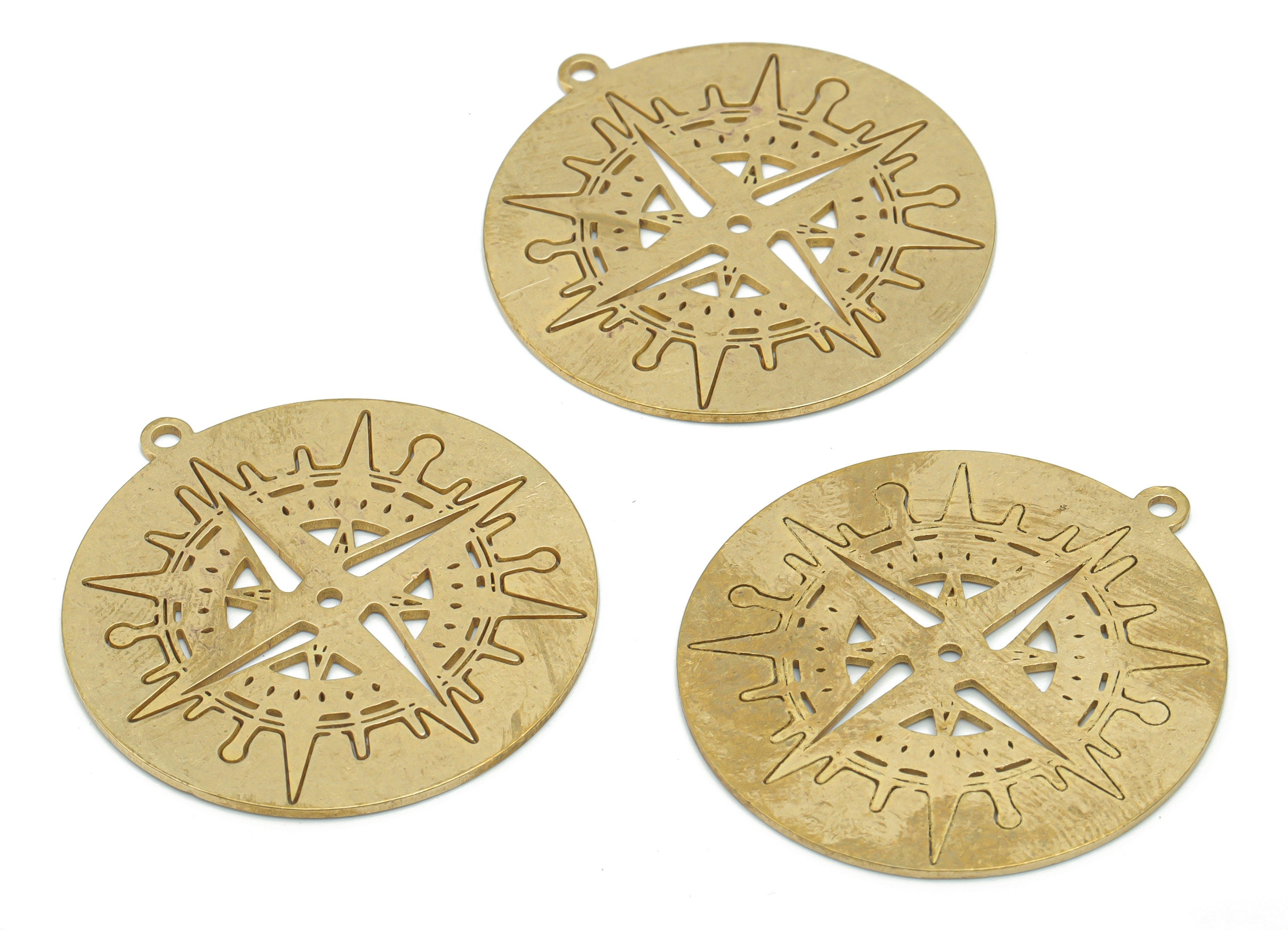 Brass Round Compass Planet Earring Charms - Raw Brass Universe Star Circle Pendant - Jewelry Making Supplies - 39.79x36.9x0.88mm - PPA1418 - DOMEDBAZAAR