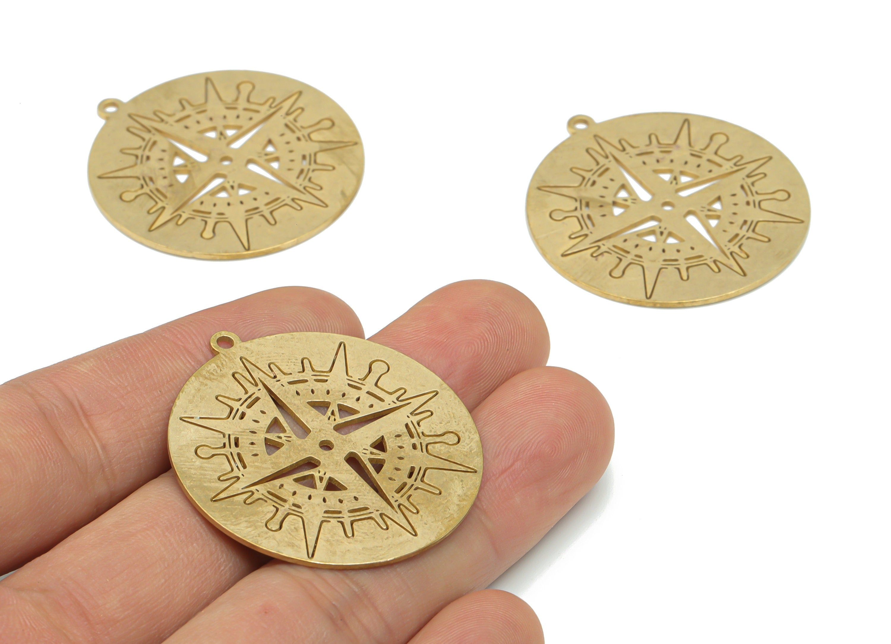 Brass Round Compass Planet Earring Charms - Raw Brass Universe Star Circle Pendant - Jewelry Making Supplies - 39.79x36.9x0.88mm - PPA1418 - DOMEDBAZAAR