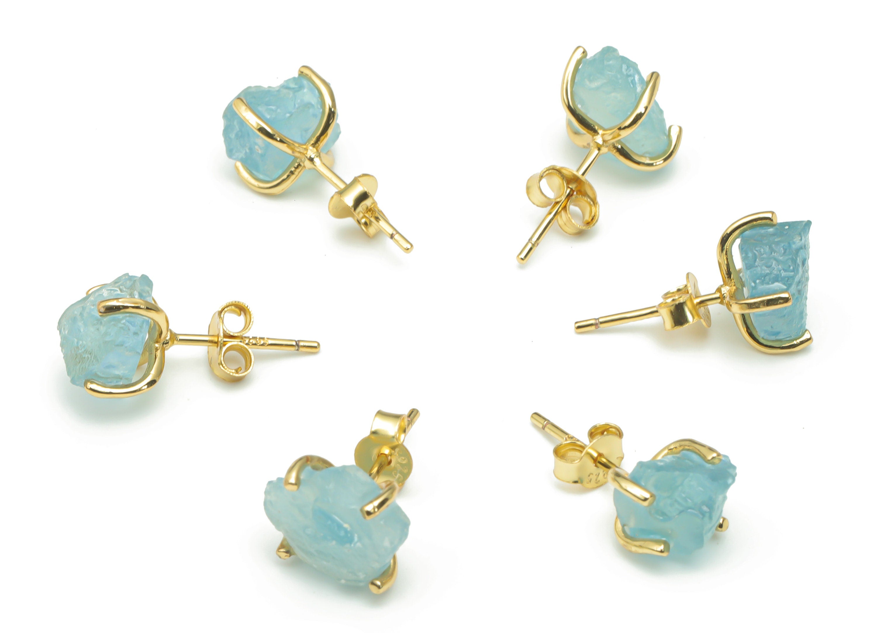 Sterling Silver Aquamarines Stud Earrings - Natural Stone Earring Post - 925 Silver Earrings - Raw Stone Earring - 8.8x7.5x7.03mm – SI1001 - DOMEDBAZAAR