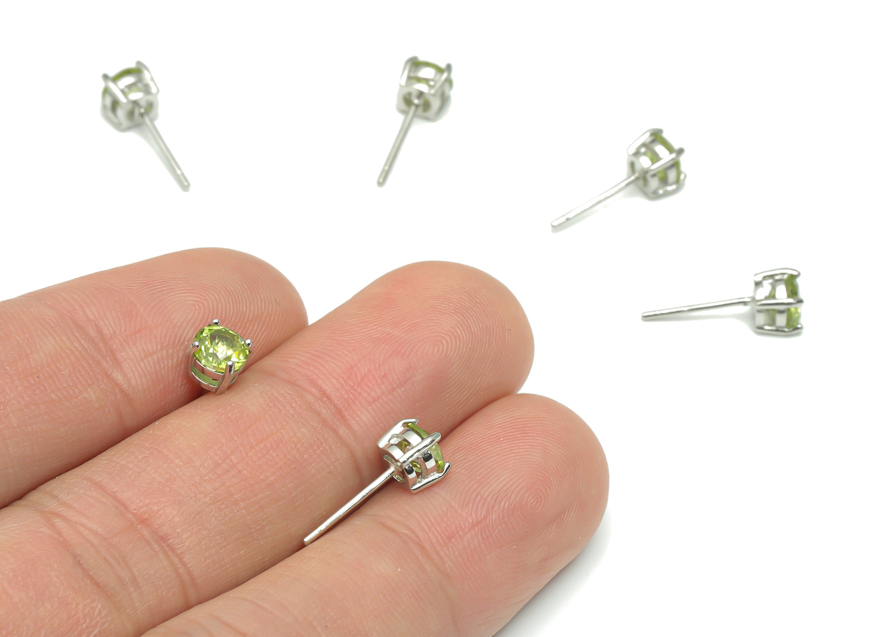 Sterling Silver Olivine Stud Earrings - Mini Circle Natural Stone Post - 925 Silver Earrings - Minimalist Style - 4.97x4.97x4.57mm–SI1008C - DOMEDBAZAAR