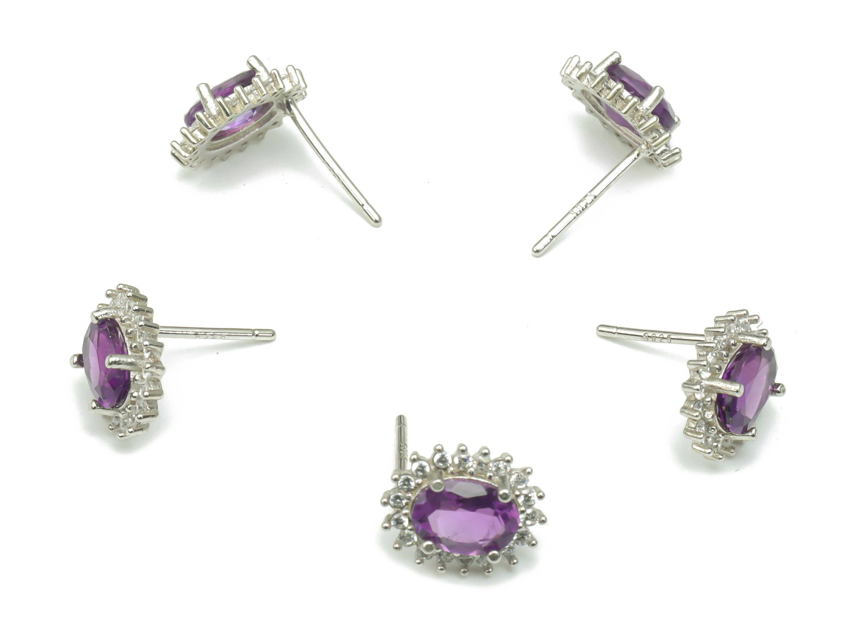 Sterling Silver Amethyst Stud Earrings - Zircon Oval Natural Stone Post - 925 Silver Earrings - Minimalist Style – 11.1x8.9x3.6mm – SI1006C - DOMEDBAZAAR