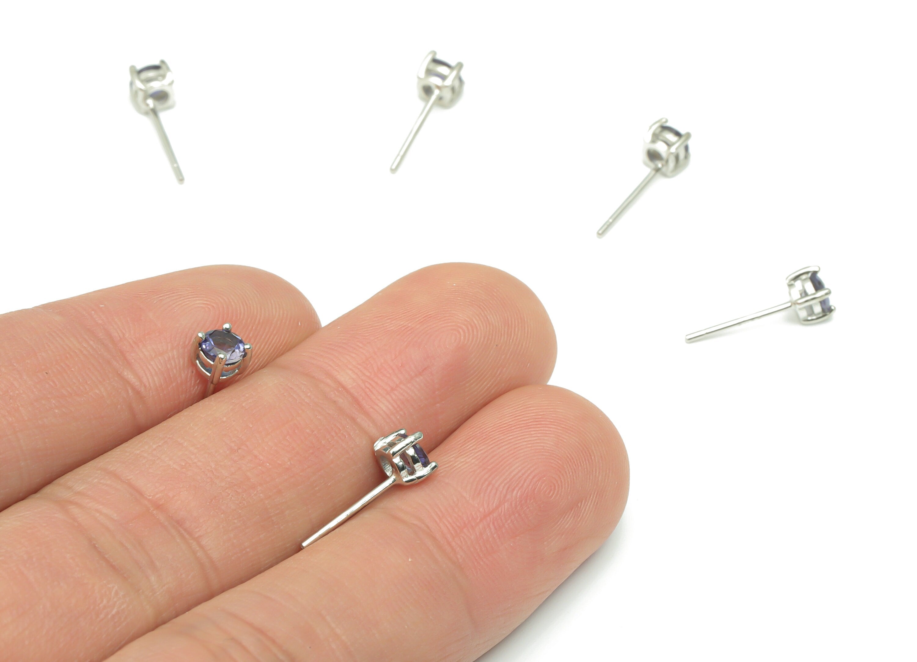 Sterling Silver Cordierite Stud Earrings - Round Natural Stone Earring Post - 925 Silver Earrings - Minimalist Style - 4x4x3.3mm – SI1010 - DOMEDBAZAAR