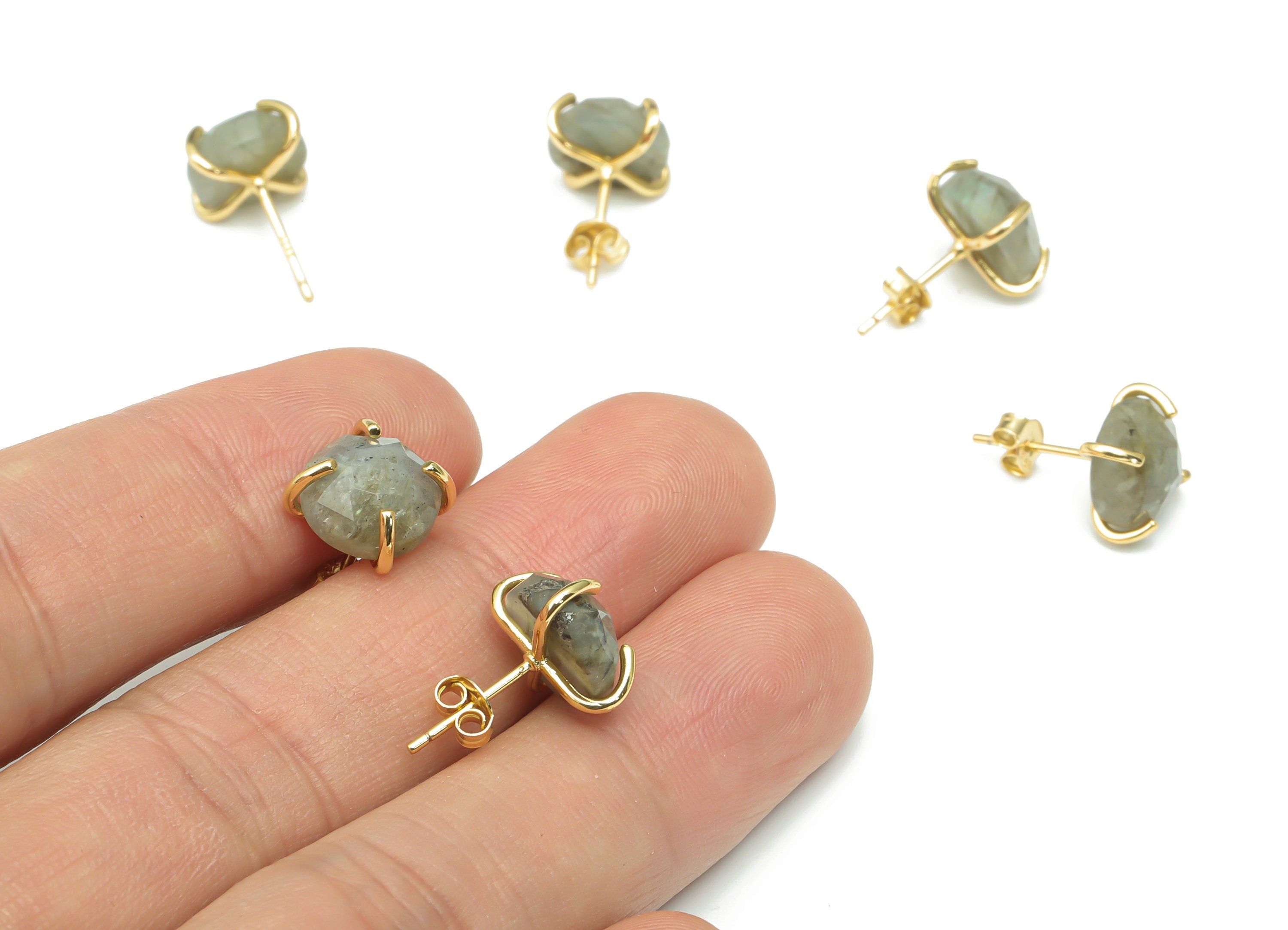Sterling Silver Gray Labradorite Stud Earrings - Raw Stone Mushroom Post - 925 Silver Earrings - Minimalist Style - 9.8x9.8x5.6mm– SI1002 - DOMEDBAZAAR