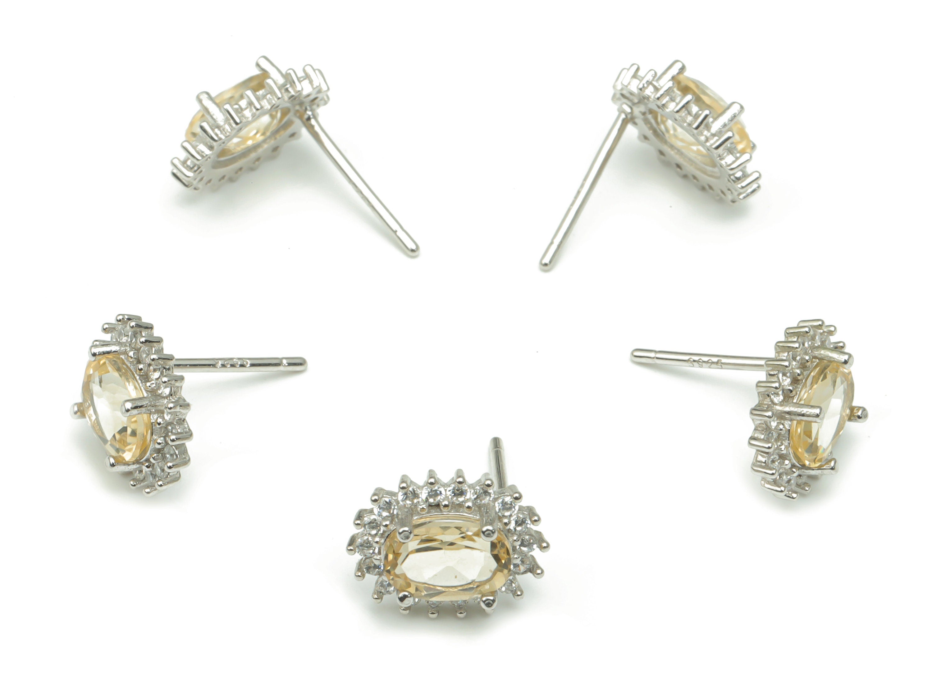 Sterling Silver Citrine Stud Earrings - Zircon Oval Natural Stone Post - 925 Silver Earrings - Minimalist Style – 11.1x8.9x3.6mm – SI1006B - DOMEDBAZAAR