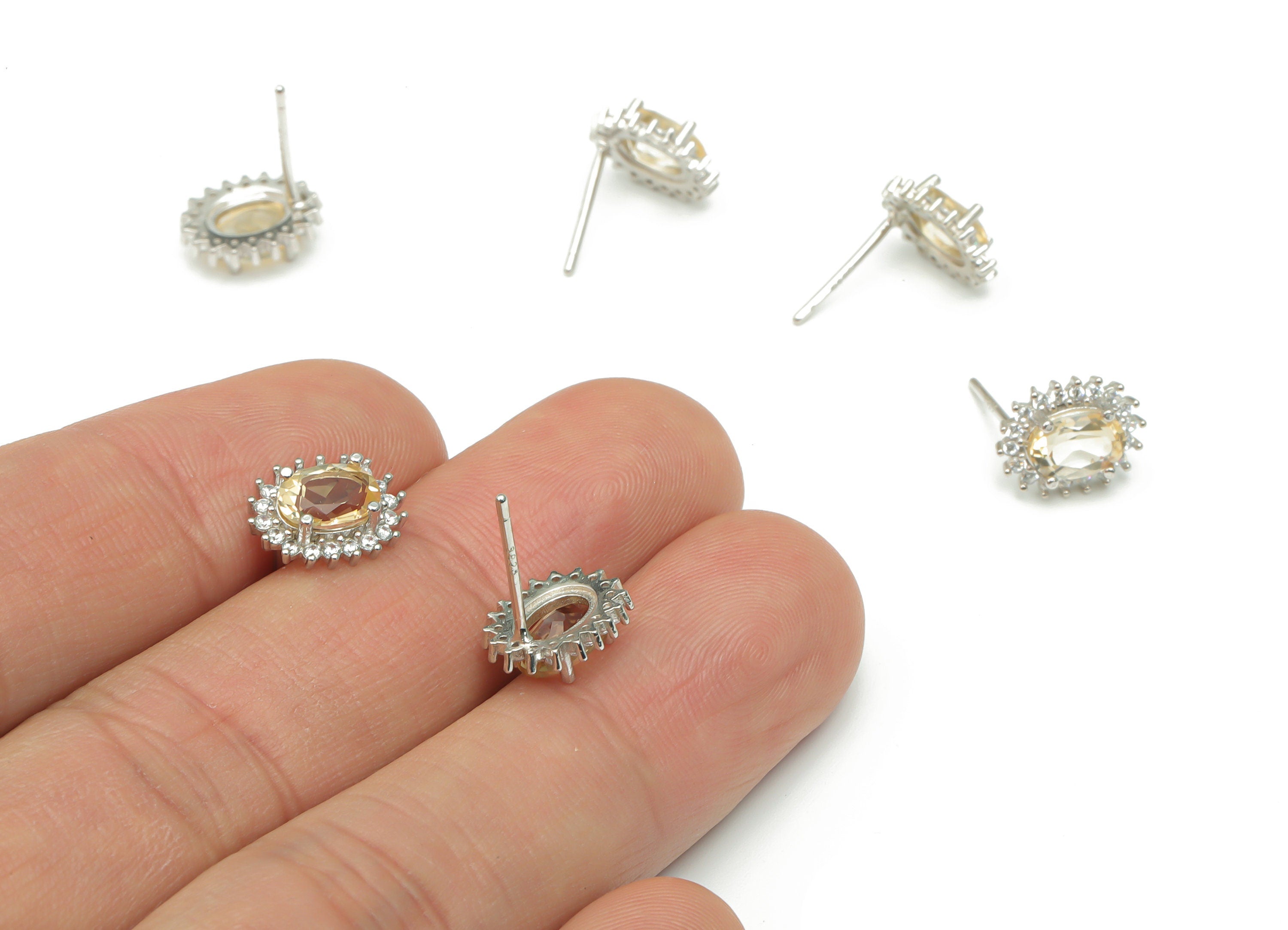 Sterling Silver Citrine Stud Earrings - Zircon Oval Natural Stone Post - 925 Silver Earrings - Minimalist Style – 11.1x8.9x3.6mm – SI1006B - DOMEDBAZAAR