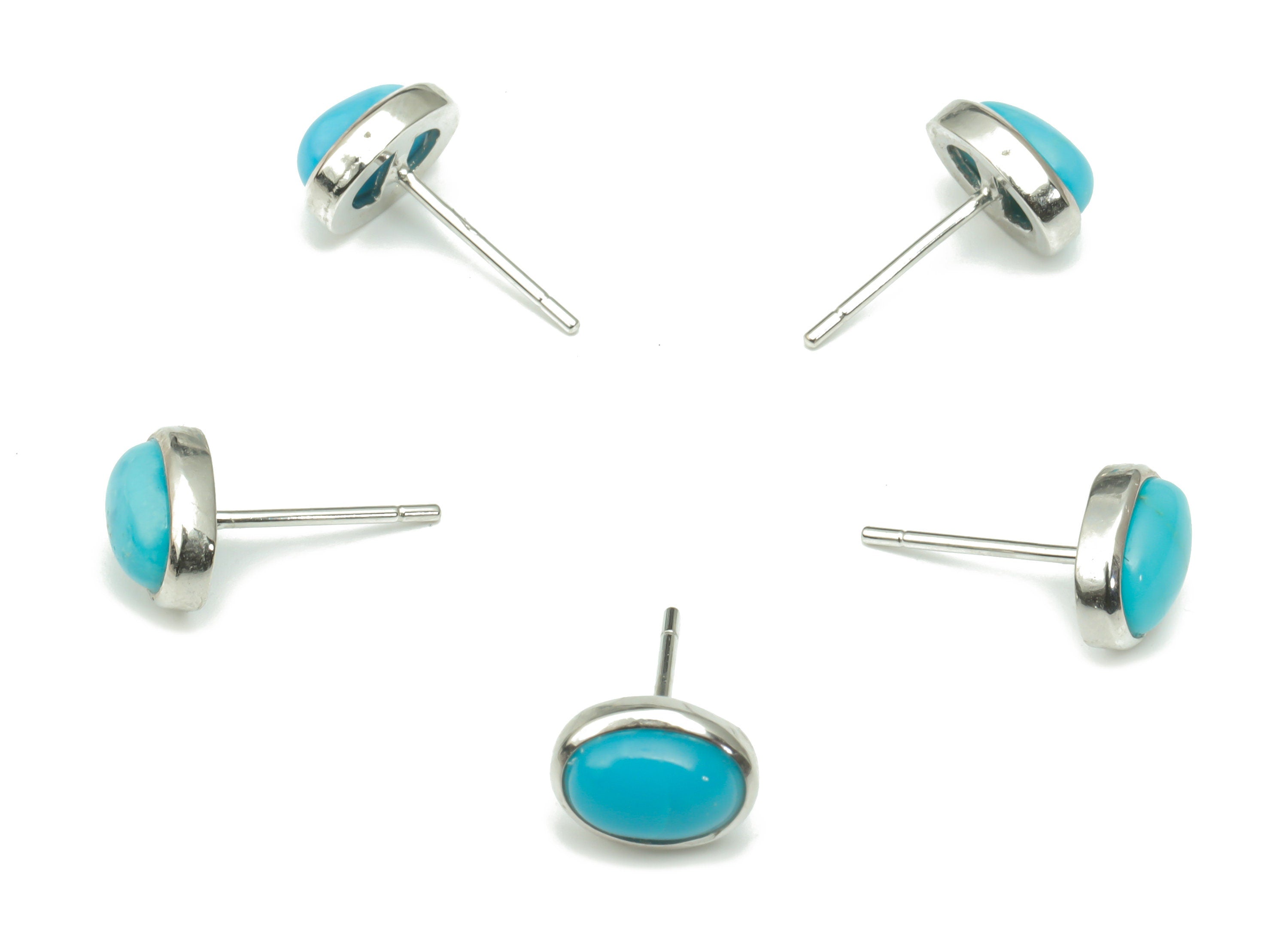Sterling Silver Blue Turquoise Stud Earrings - Oval Natural Stone Post - 925 Silver Earrings - Minimalist Style - 8.62x6.71x3.85mm – SI1011 - DOMEDBAZAAR