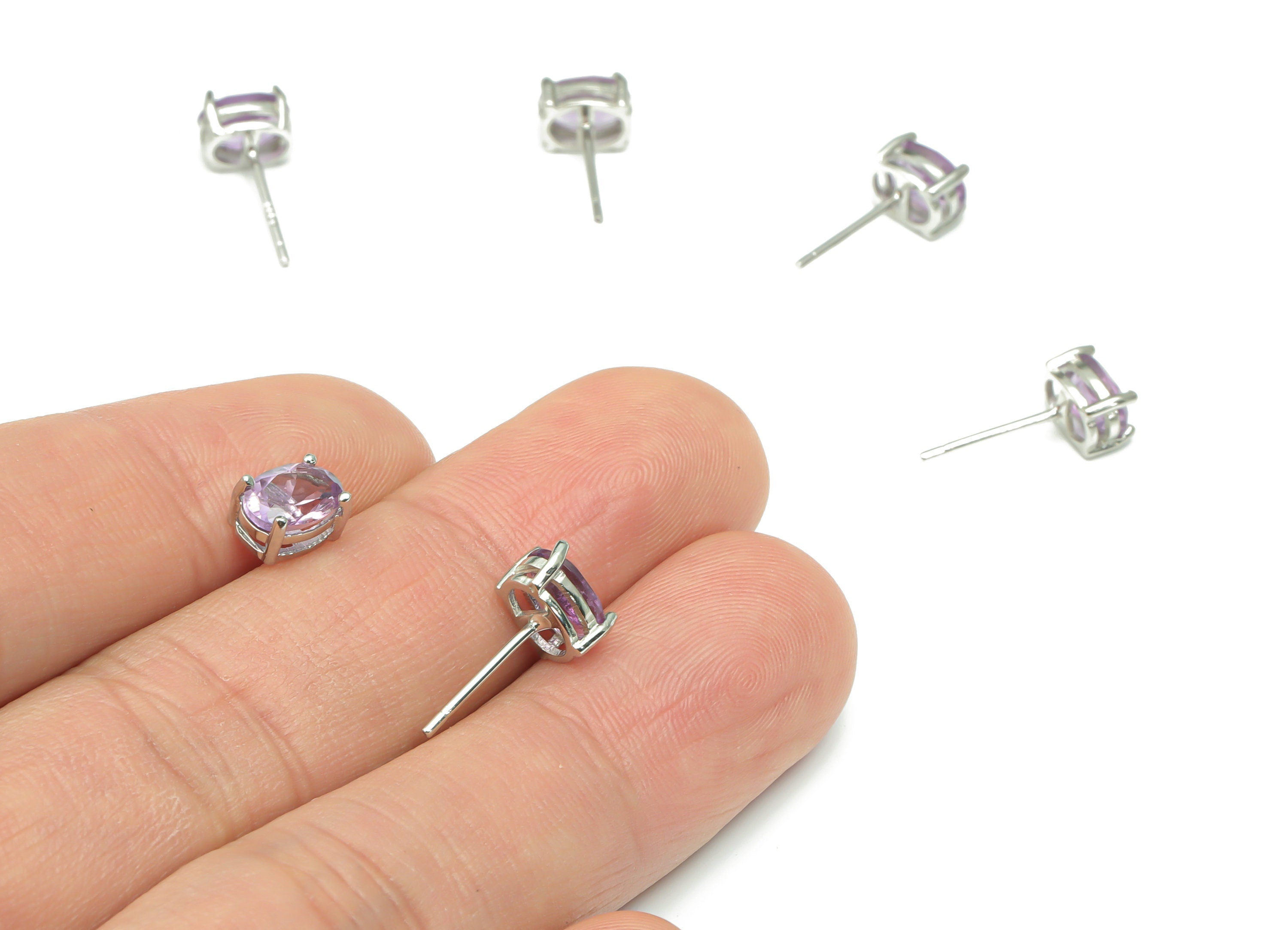 Sterling Silver Amethyst Stud Earrings - Oval Natural Stone Earring Post - 925 Silver Earrings - Minimalist Style - 7.24x5.2x4.4mm – SI1005D - DOMEDBAZAAR