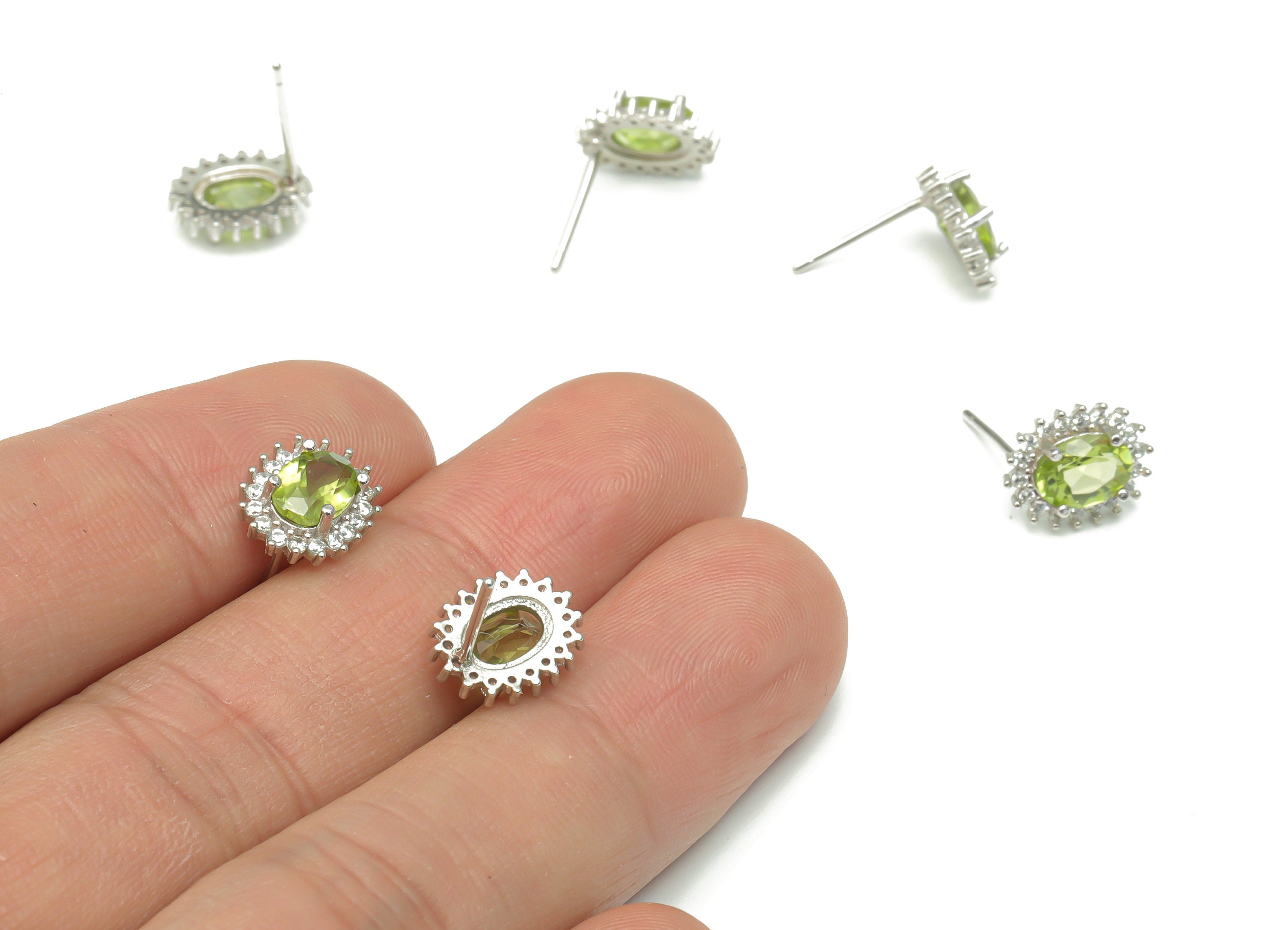 Sterling Silver Olivine Stud Earrings - Zircon Oval Natural Stone Post - 925 Silver Earrings - Minimalist Style – 11.08x8.9x3.6mm – SI1006D - DOMEDBAZAAR
