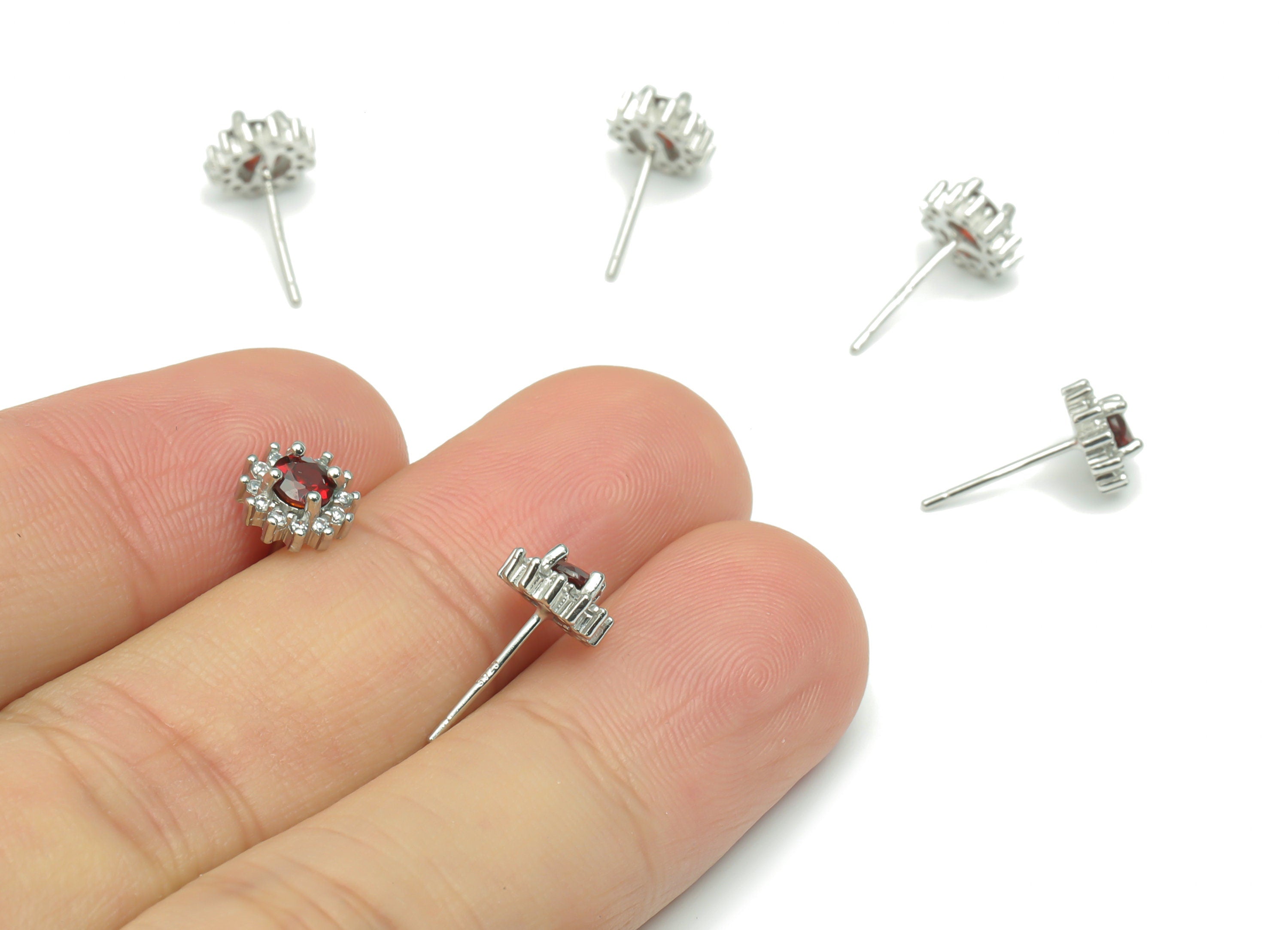 Sterling Silver Garnet Stud Earrings - Zircon Mini Circle Natural Stone Earring Post - 925 Silver Earrings - 7.35x7.35x3.64mm – SI1014C - DOMEDBAZAAR