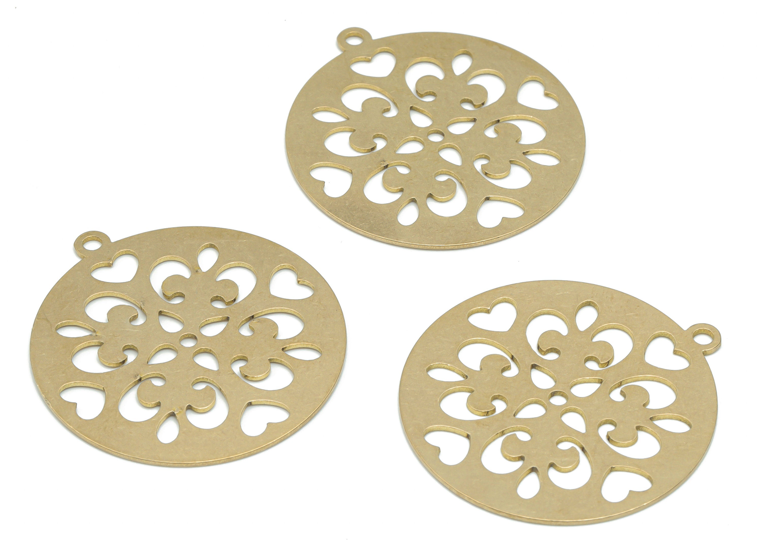 Brass Round Flower Earring Charms - Raw Brass Heart Circle Pendant - DIY Jewelry Making Supplies - 34.83x31.83x0.64mm - PPA2579 - DOMEDBAZAAR