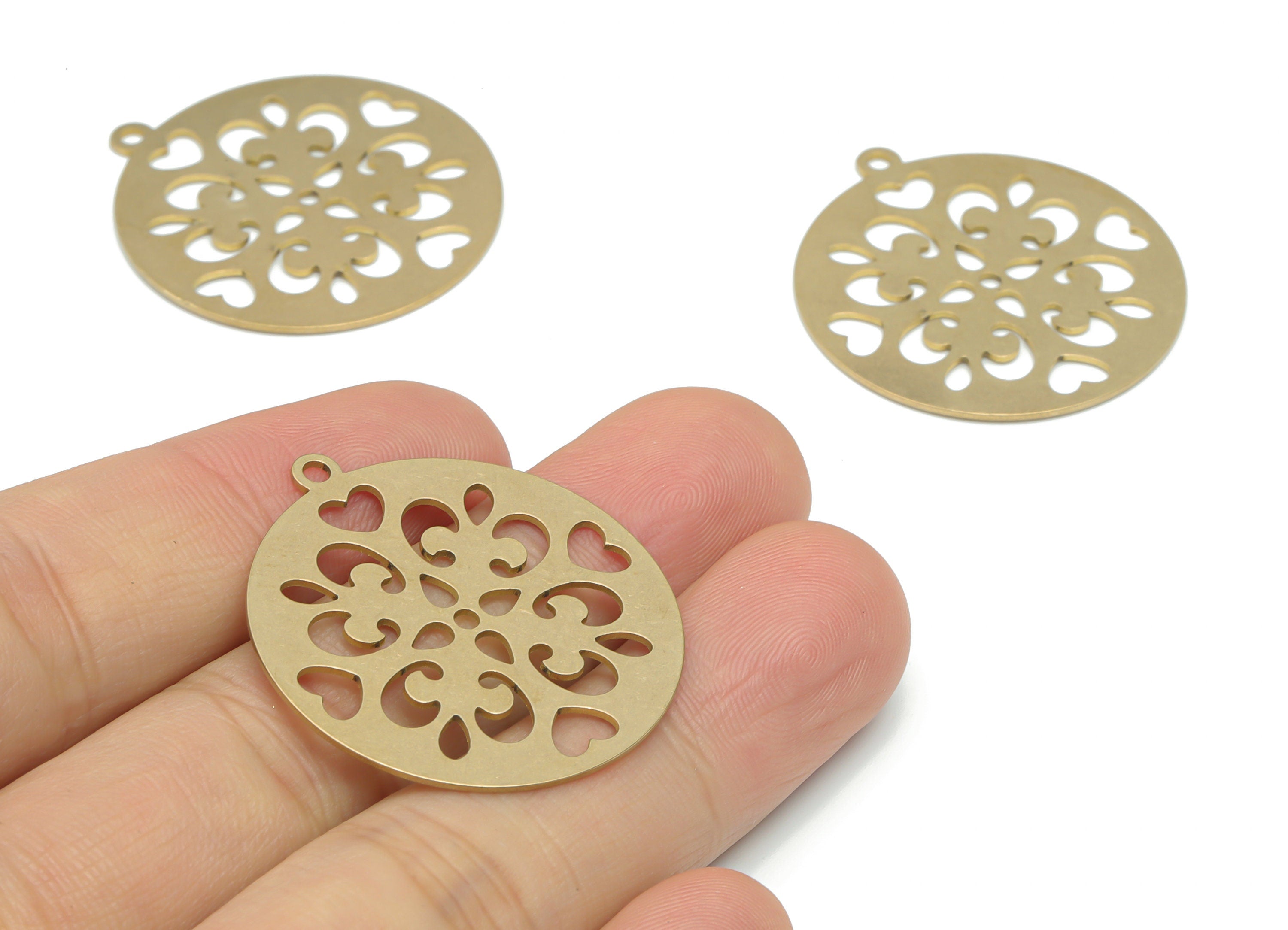 Brass Round Flower Earring Charms - Raw Brass Heart Circle Pendant - DIY Jewelry Making Supplies - 34.83x31.83x0.64mm - PPA2579 - DOMEDBAZAAR