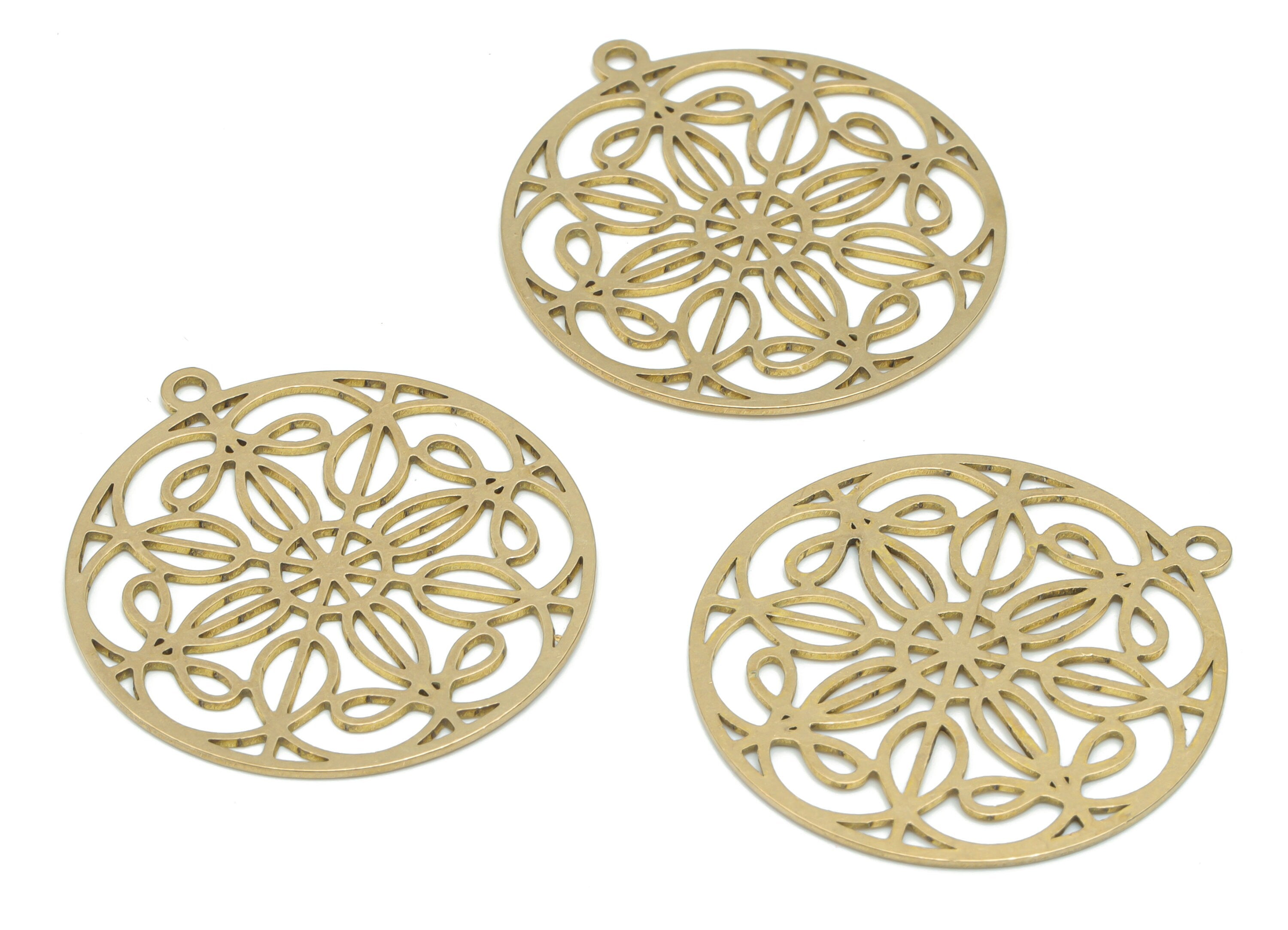 Brass Round Flower Earring Charms - Raw Brass Flower Circle Pendant - DIY Jewelry Making Supplies - 34.86x31.9x0.67mm - PPA2597 - DOMEDBAZAAR