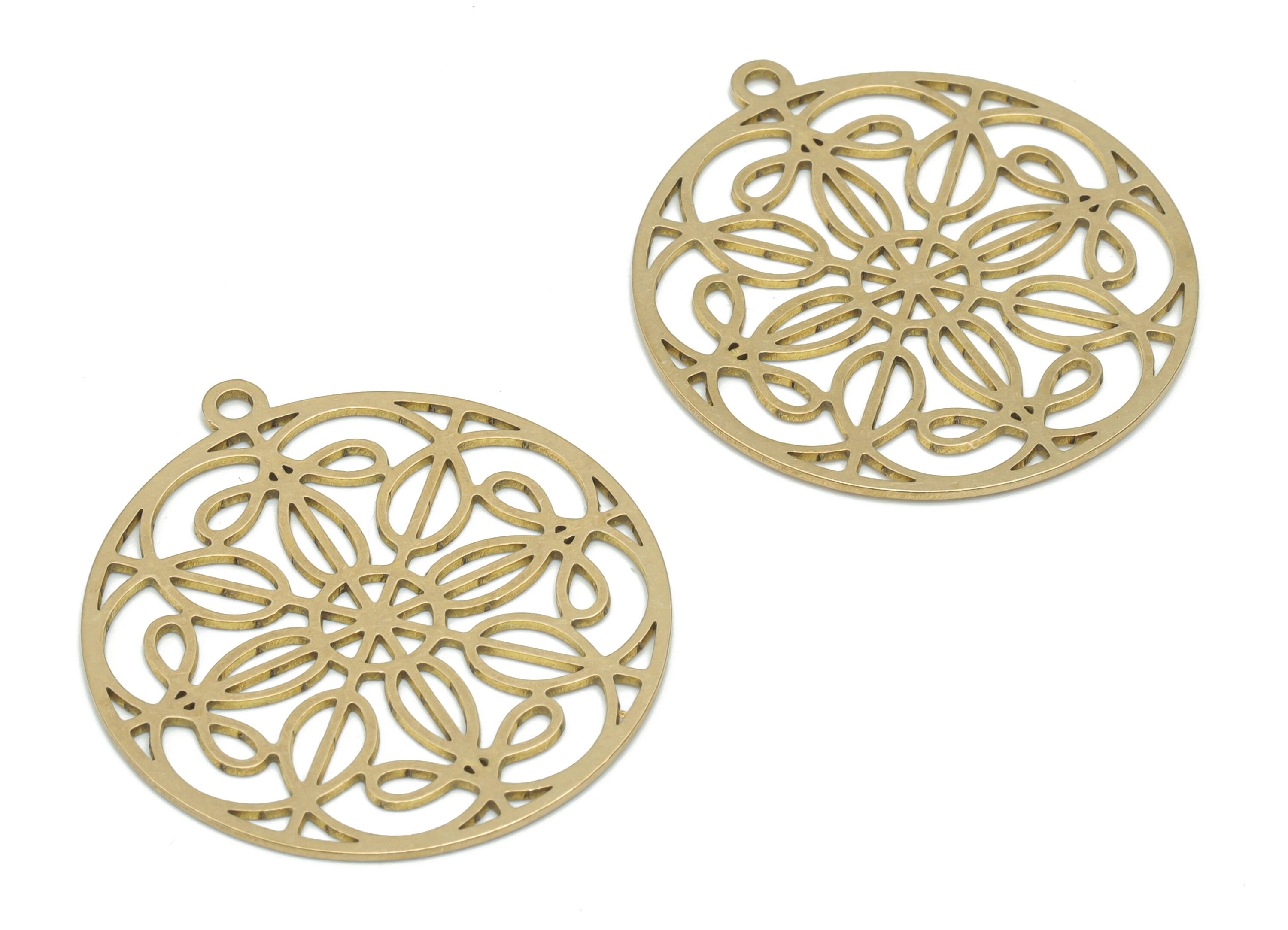 Brass Round Flower Earring Charms - Raw Brass Flower Circle Pendant - DIY Jewelry Making Supplies - 34.86x31.9x0.67mm - PPA2597 - DOMEDBAZAAR