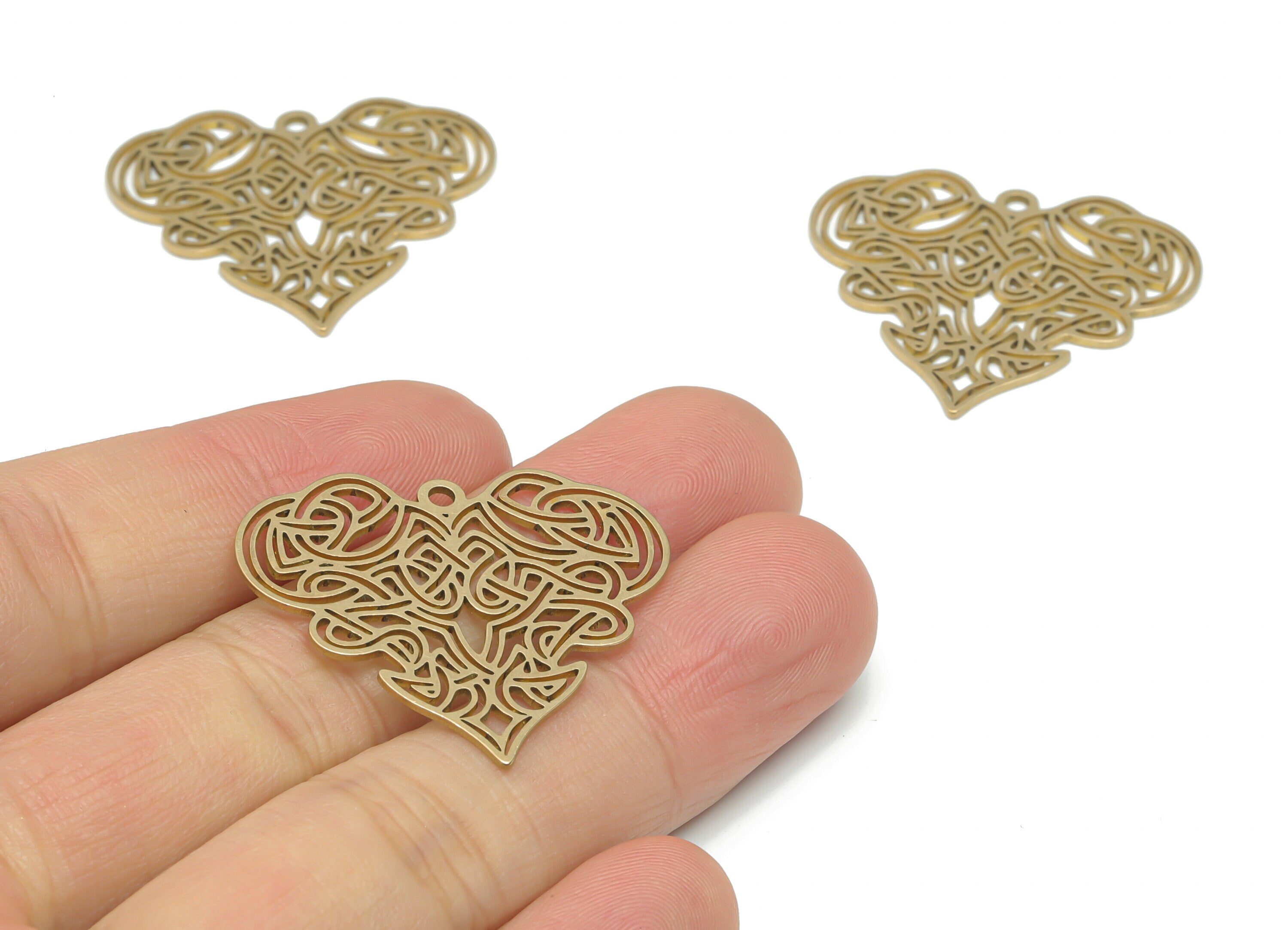 Brass Heart Anatolian Earring Charms - Raw Brass Heart Rhombic Pendant - Jewelry Making Supplies - 33.88x30.2x0.72mm - PPA2614 - DOMEDBAZAAR