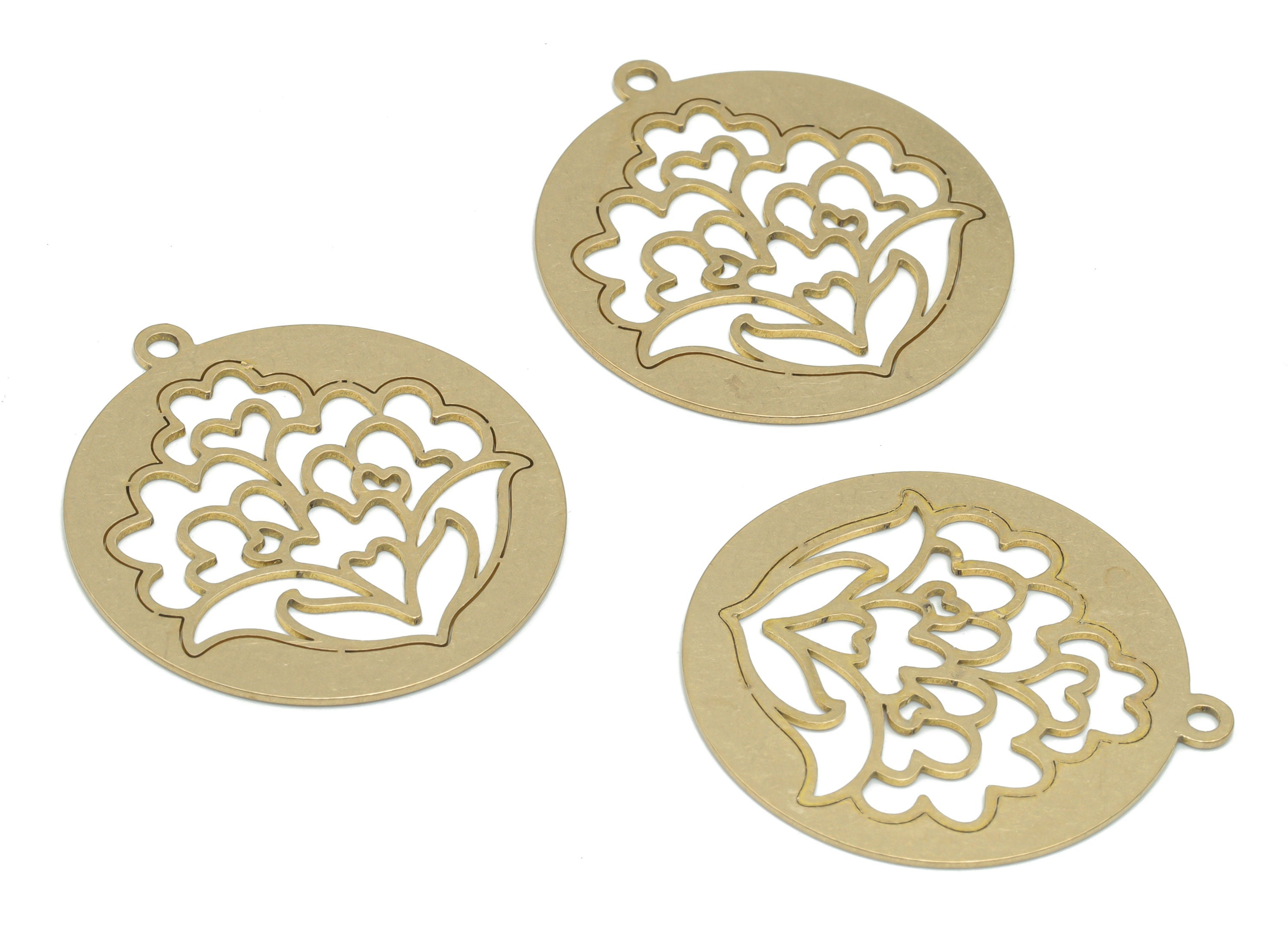Brass Round Botanical Flower Earring Charms - Raw Brass Flower Circle Pendant - DIY Jewelry Making Supplies - 34.88x31.78x0.65mm - PPA2638 - DOMEDBAZAAR