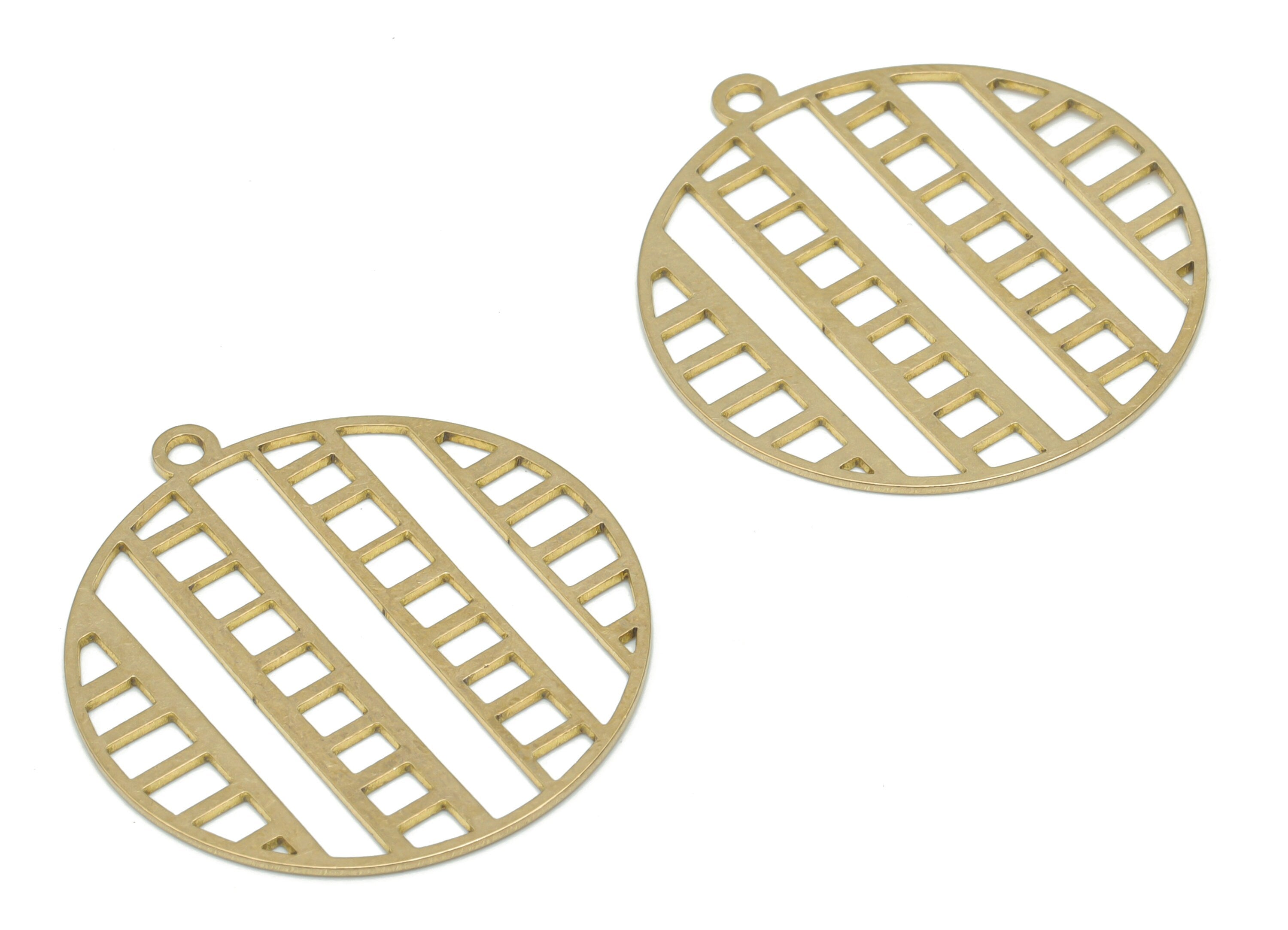 Brass Stripes Round Ladder Earring Charms - Raw Brass Lattice Circle Pendant - DIY Jewelry Making Supplies - 34.87x31.73x0.66mm - PPA2681 - DOMEDBAZAAR