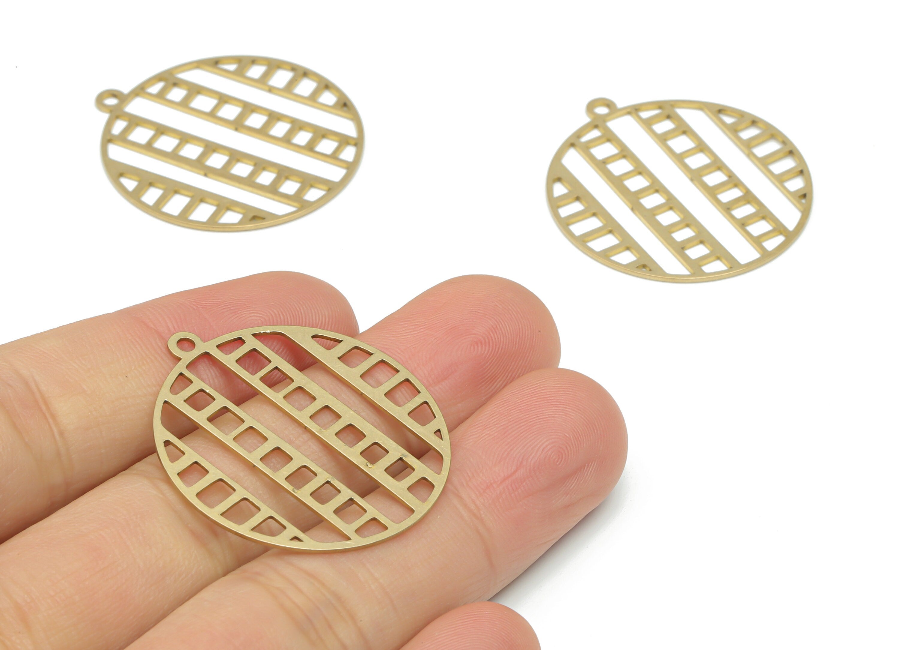 Brass Stripes Round Ladder Earring Charms - Raw Brass Lattice Circle Pendant - DIY Jewelry Making Supplies - 34.87x31.73x0.66mm - PPA2681 - DOMEDBAZAAR