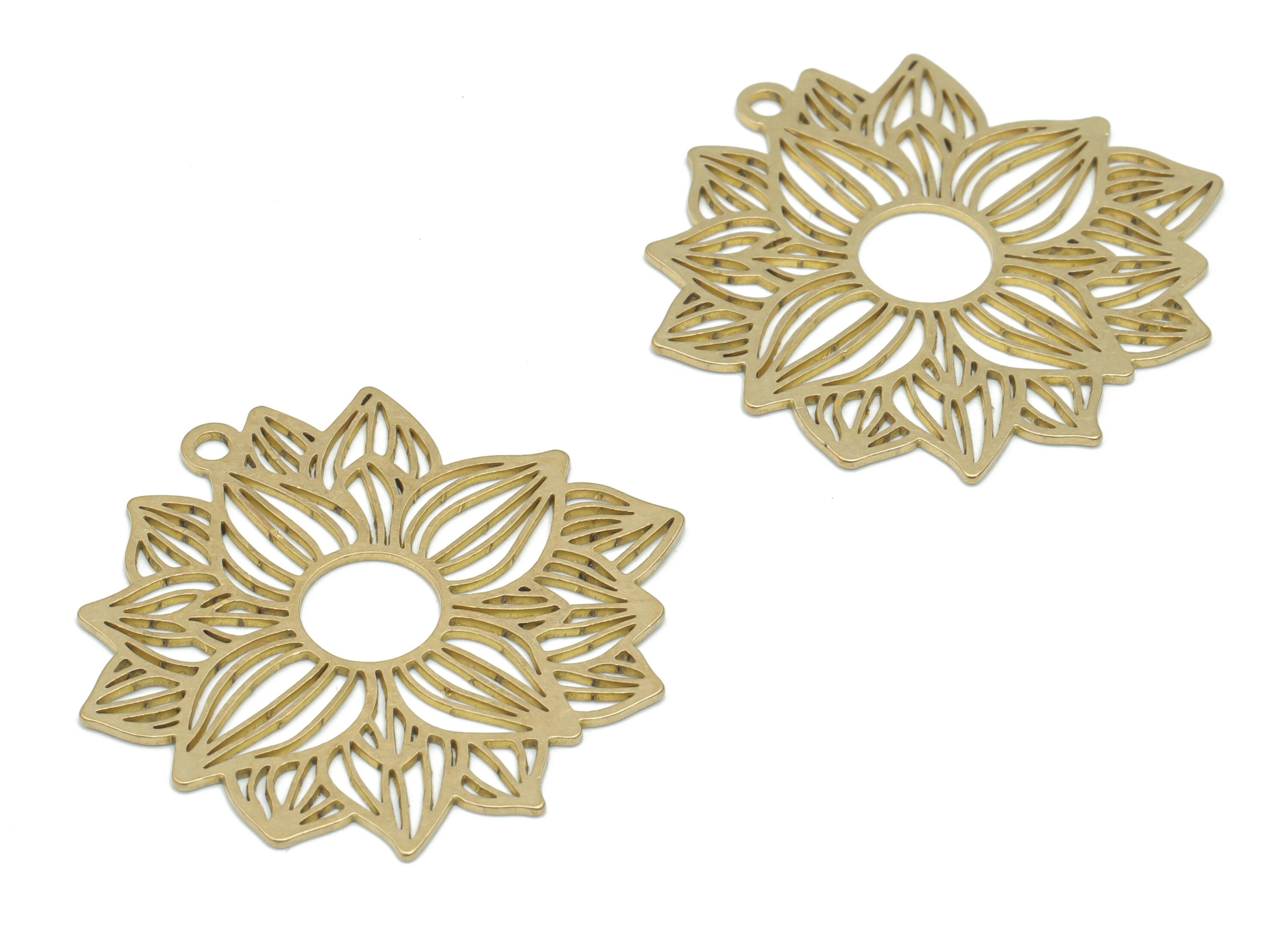 Brass Botanical Flower Earring Charms - Raw Brass Sun Flower Pendant - DIY Jewelry Making Supplies - 37.14x33.94x0.64mm - PPA2654 - DOMEDBAZAAR