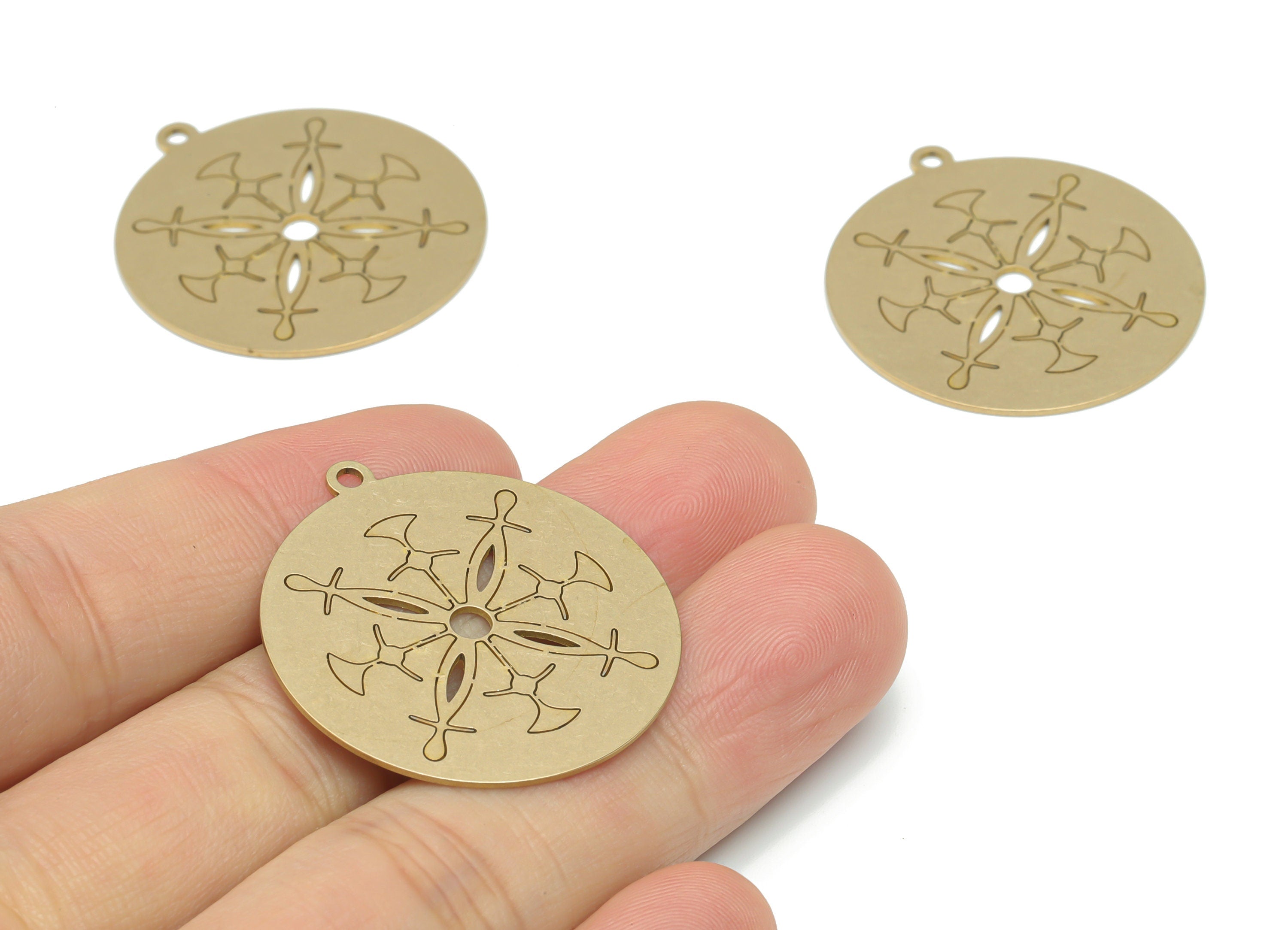 Brass Round Flower Earring Charms - Raw Brass Flower Circle Pendant - DIY Jewelry Making Supplies - 34.83x31.9x0.64mm - PPA2577 - DOMEDBAZAAR