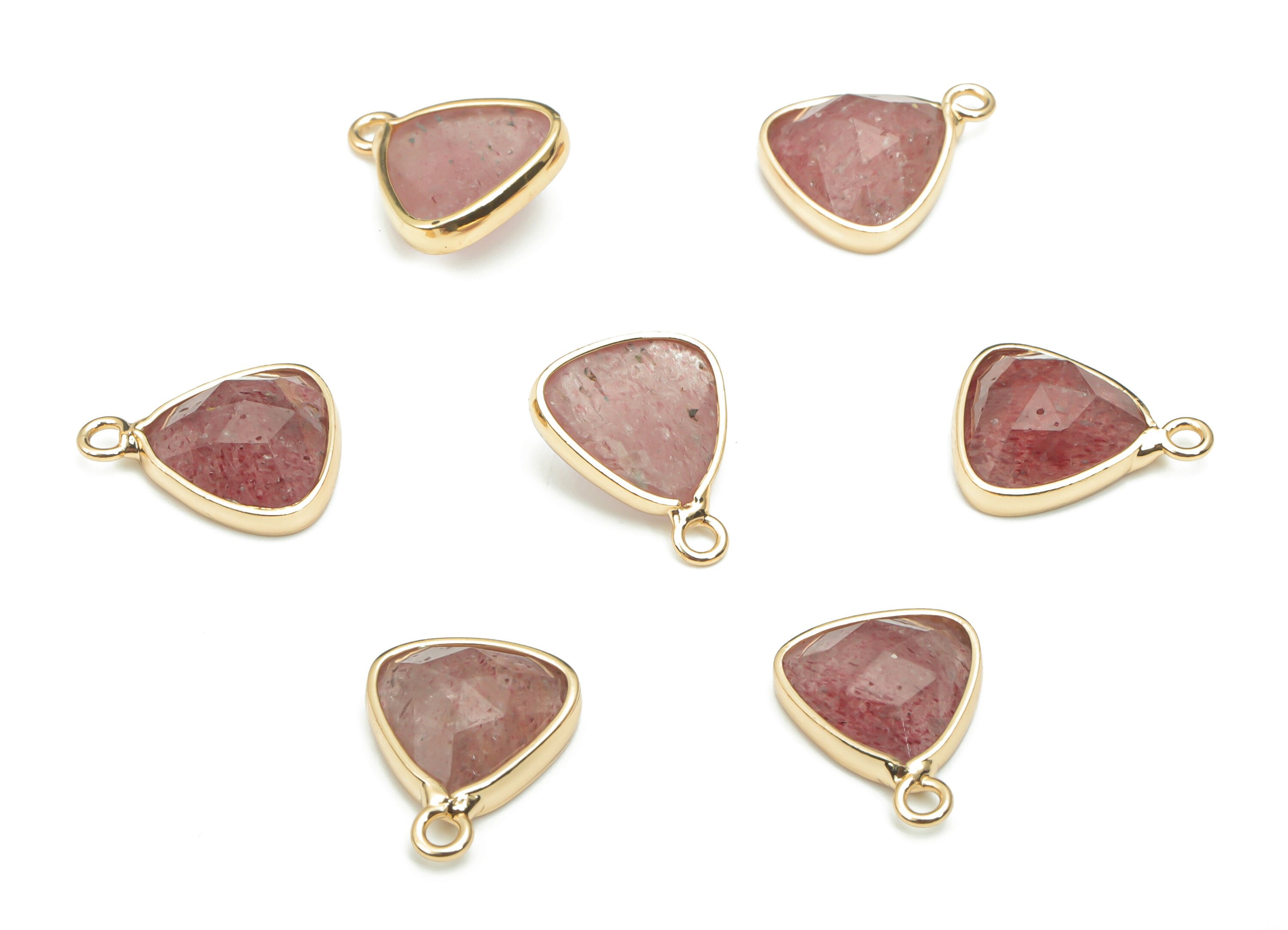 Strawberry Quartz Triangle Earring Charms - Brass Triangle Pendant - Faceted Natural Stone - Gold Tone Plated Brass – 13.95x11x4mm – NS1662 - DOMEDBAZAAR