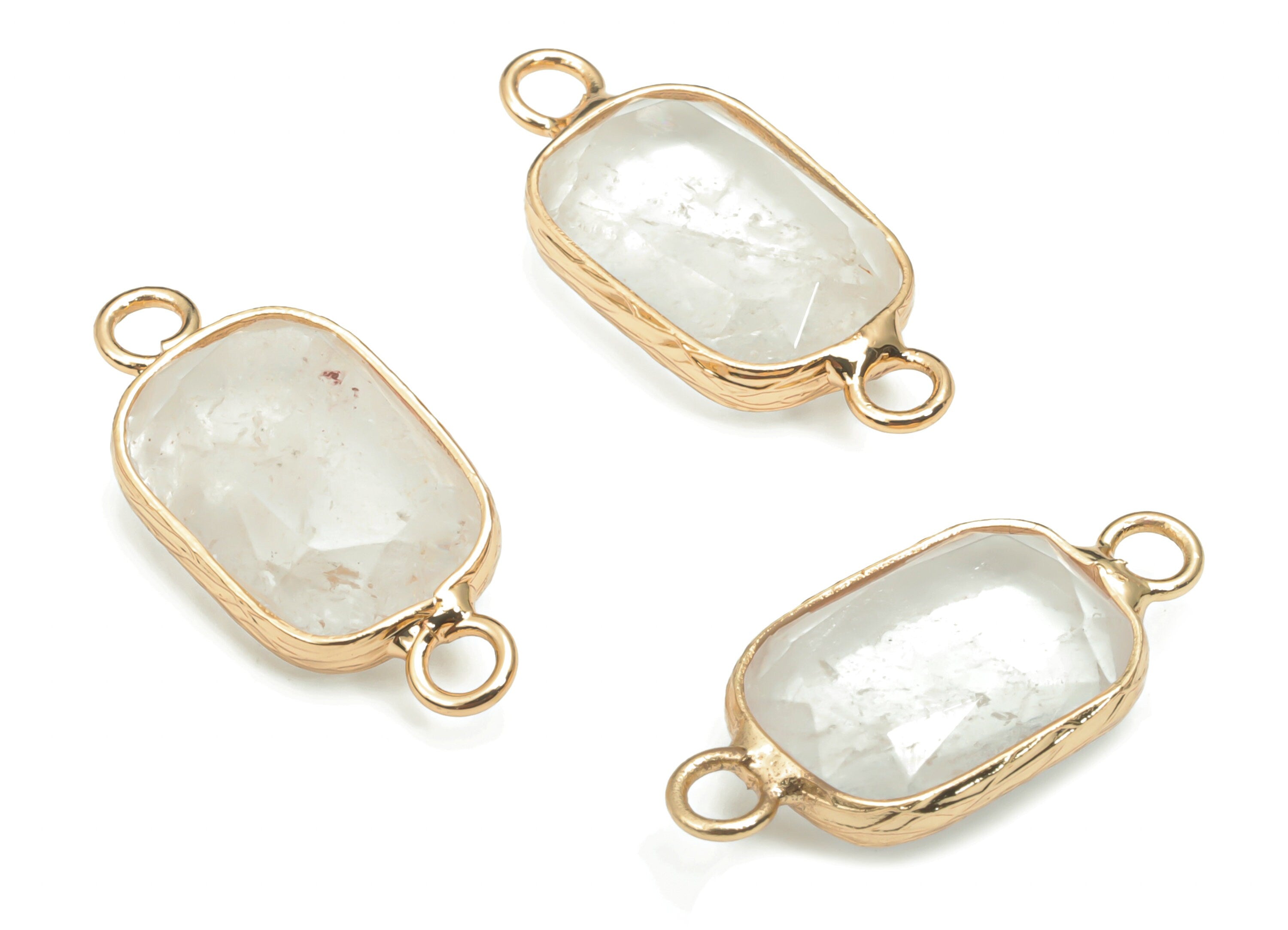 Clear Quartz  Faceted Natural Stone Earring Connectors - Brass Rectangle Charms - Gold Tone Plated Brass – 24.43x11.49x5.23mm – NS1630E - DOMEDBAZAAR