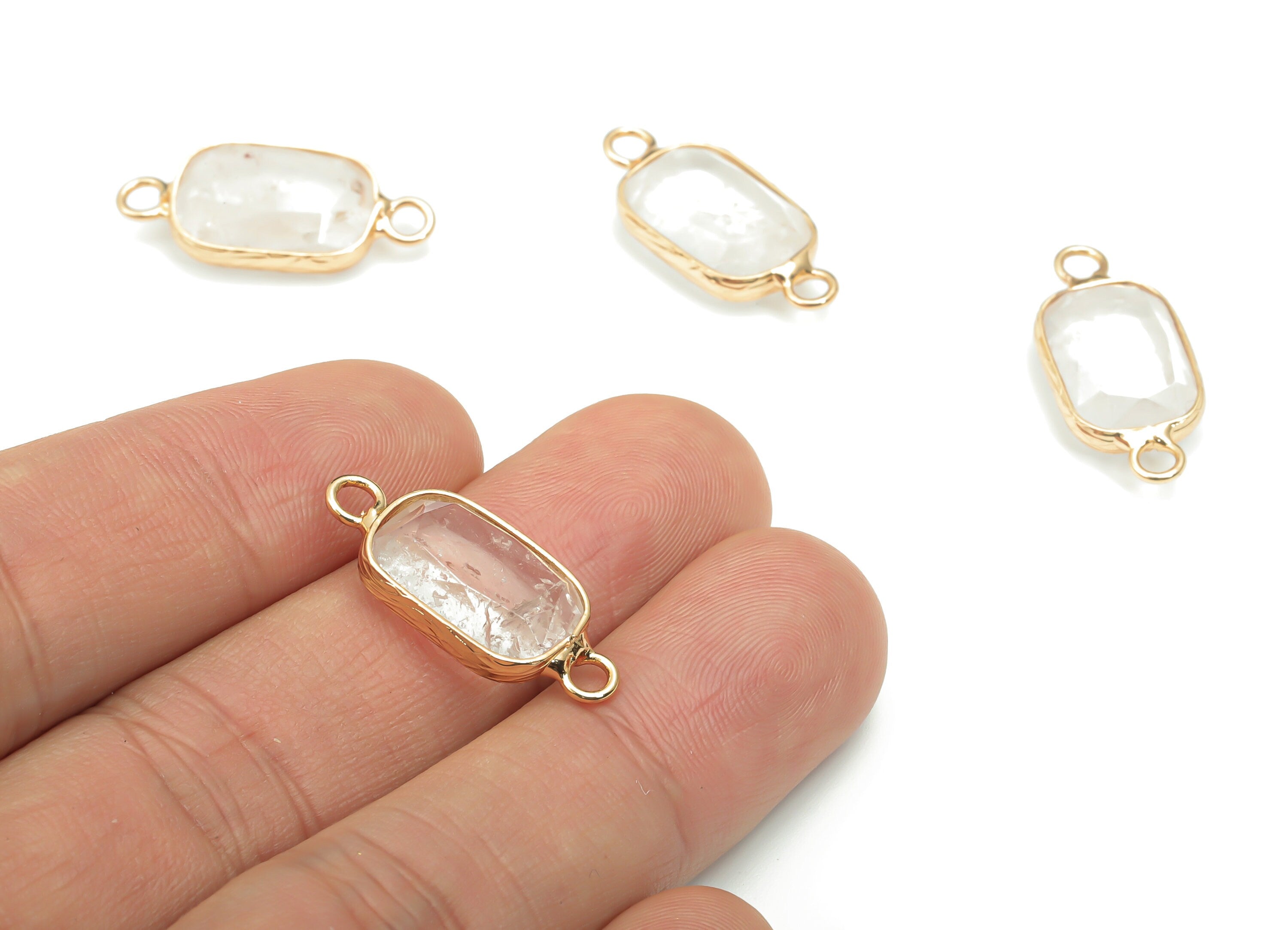 Clear Quartz  Faceted Natural Stone Earring Connectors - Brass Rectangle Charms - Gold Tone Plated Brass – 24.43x11.49x5.23mm – NS1630E - DOMEDBAZAAR