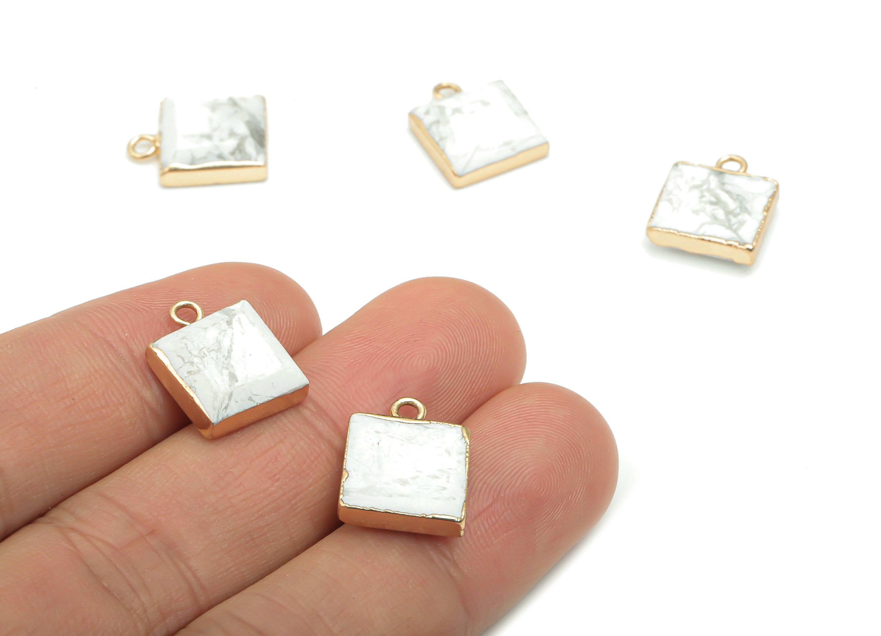 Howlite Natural Stone Square Earring Charms - Brass Square Pendant - Gold Tone Plated Brass – Jewelry Supplies - 15.05x11.76x3.95mm– NS1641C - DOMEDBAZAAR