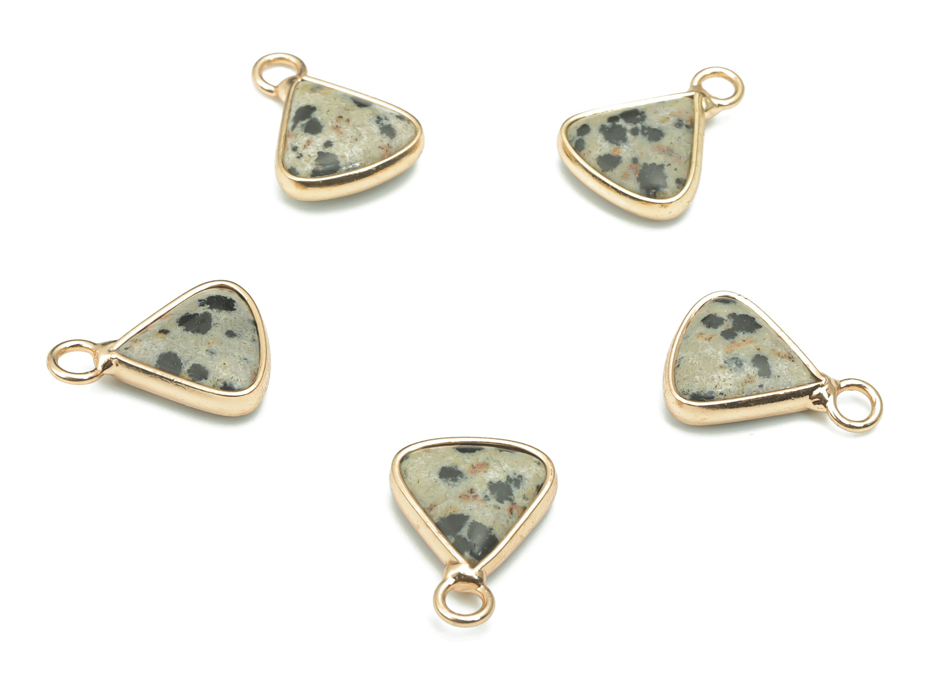 Dalmatian Jasper Stone Triangle Earring Charms - Brass Triangle Pendant - Natural Stone - Gold Tone Plated Brass – 15.96x11.41x4mm – NS1656B - DOMEDBAZAAR