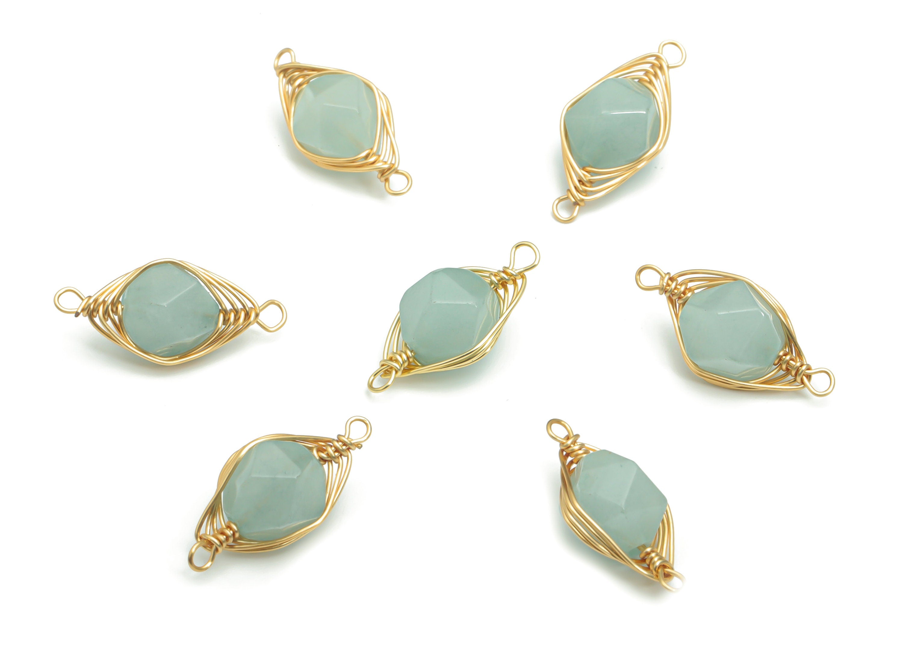 Blue Jade Faceted Natural Stone Earring Connectors - Brass Wire Wrapped Stone Charms - Gold Tone Plated Brass – 17.45x7.9x7.1mm – NS1653E - DOMEDBAZAAR