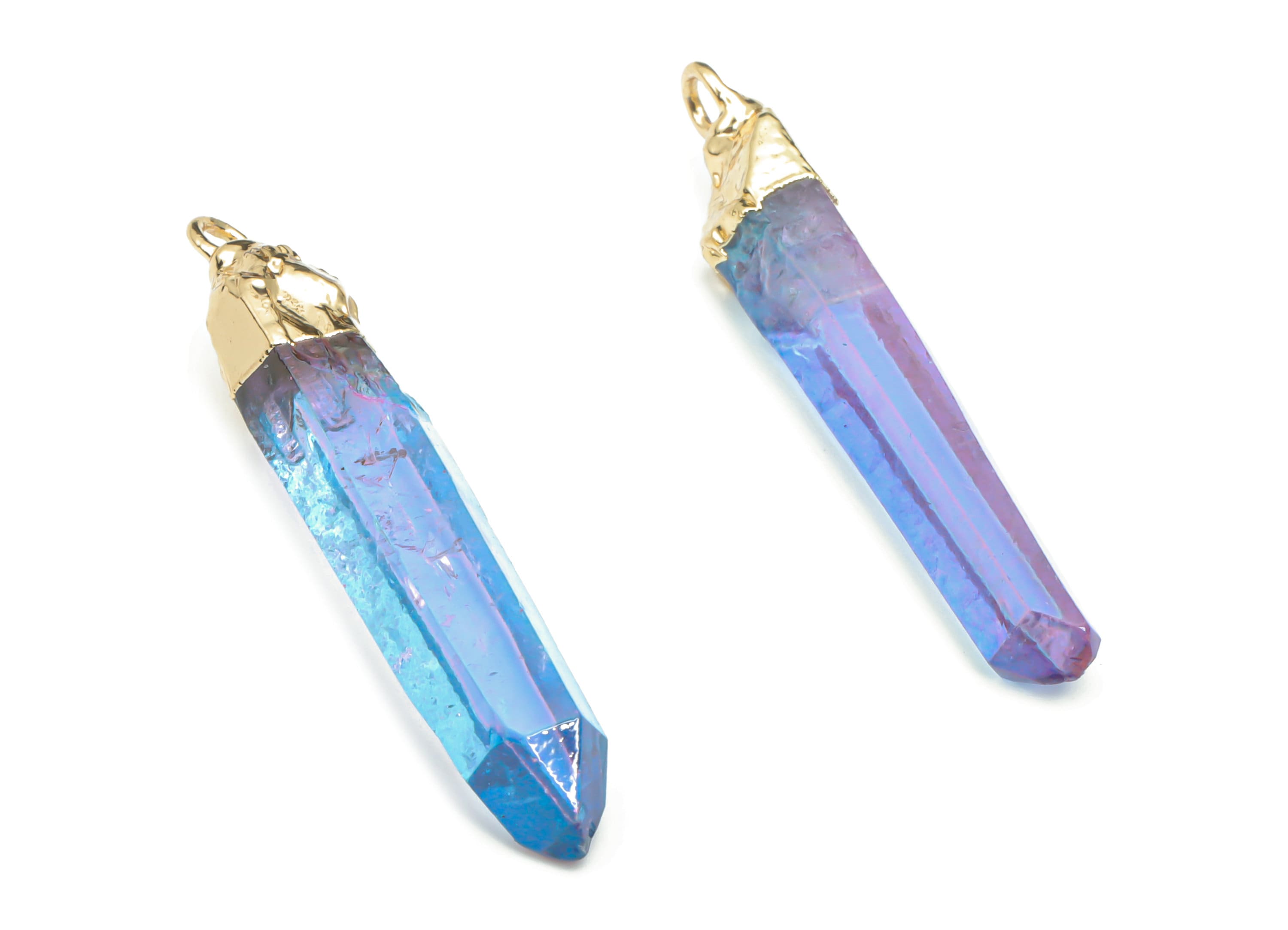 Rainbow Aura Quartz Spike Earring Charms - Brass Strip Pendant - Natural Stone - Gold Tone Plated Brass – 44.87x8.51x7.28mm – NS1647 - DOMEDBAZAAR