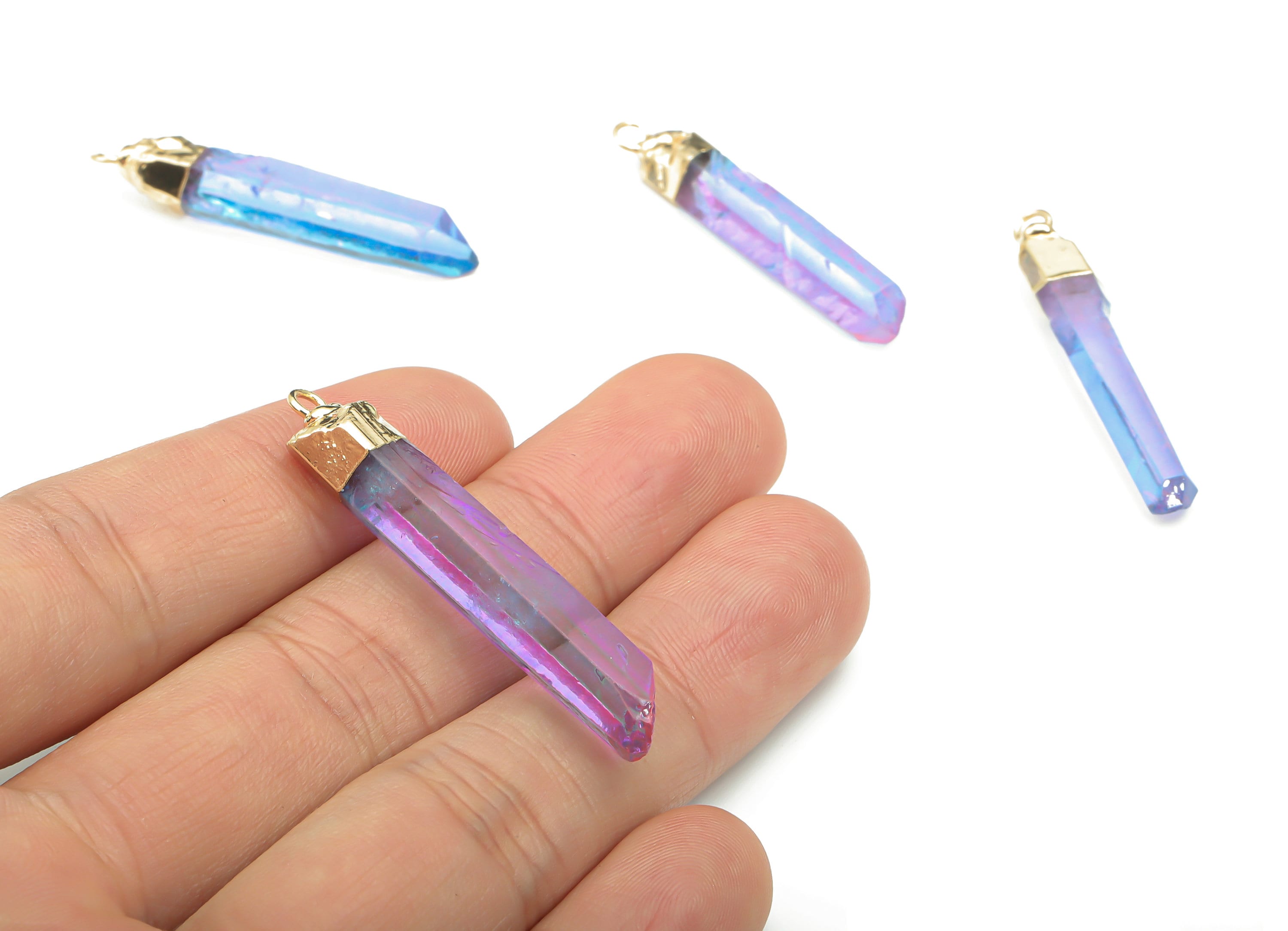 Rainbow Aura Quartz Spike Earring Charms - Brass Strip Pendant - Natural Stone - Gold Tone Plated Brass – 44.87x8.51x7.28mm – NS1647 - DOMEDBAZAAR