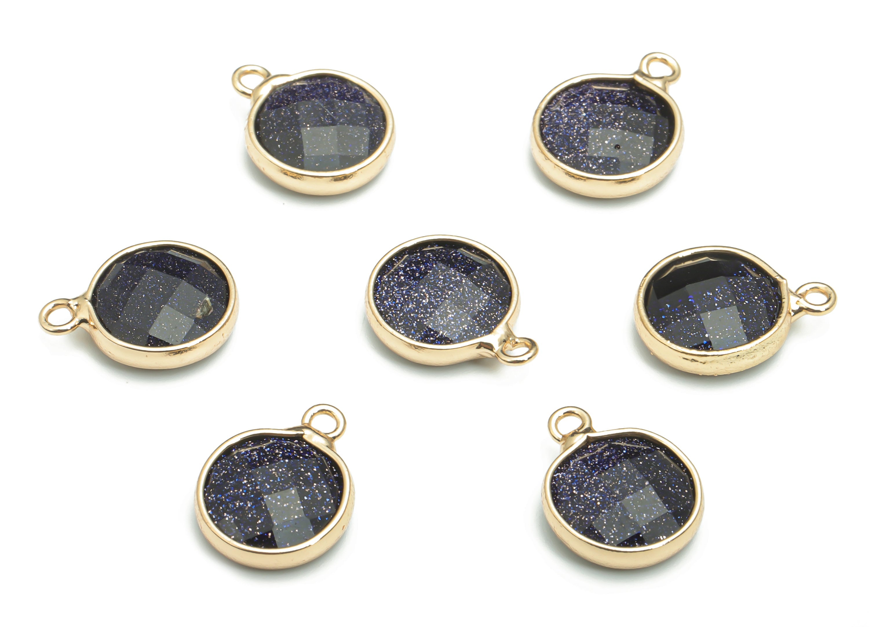 Blue Goldstone Faceted Natural Stone Charms - Brass Round Pendant - Gold Tone Plated Brass – Jewelry Supplies - 14.43x11.13x4.06mm – NS1661A - DOMEDBAZAAR