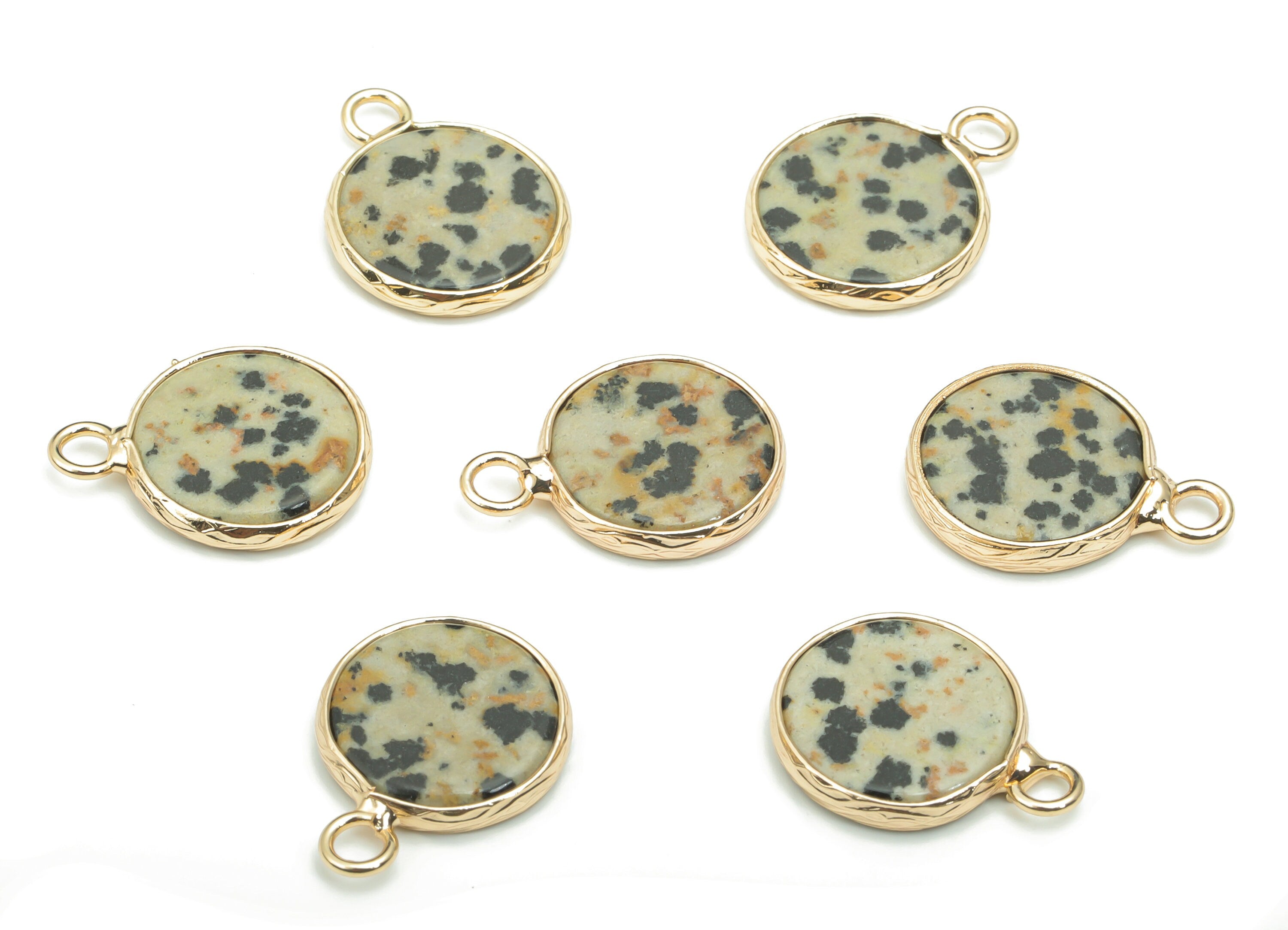 Dalmatian Jasper Natural Stone Earring Charms - Brass Round Pendant - Gold Tone Plated Brass – Jewelry Supplies - 18.43x13.8x2.4mm – NS1639C - DOMEDBAZAAR