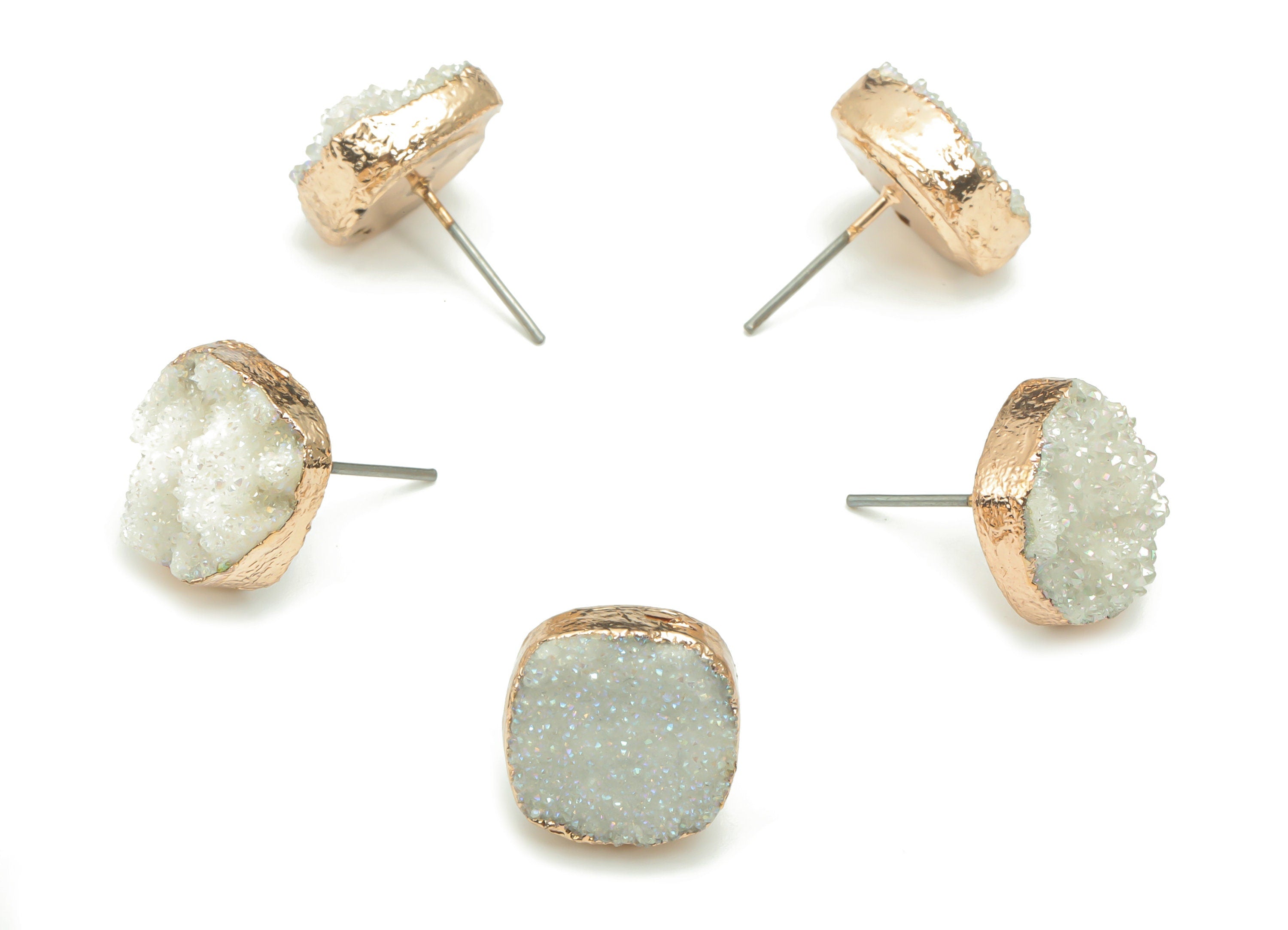 White Druzy Aura Quartz Natural Stone Stud - Brass Square Post - Gold Tone Plated Brass – Stainless Steel Stud - 12.53x12.4x6.2mm - NS1631 - DOMEDBAZAAR