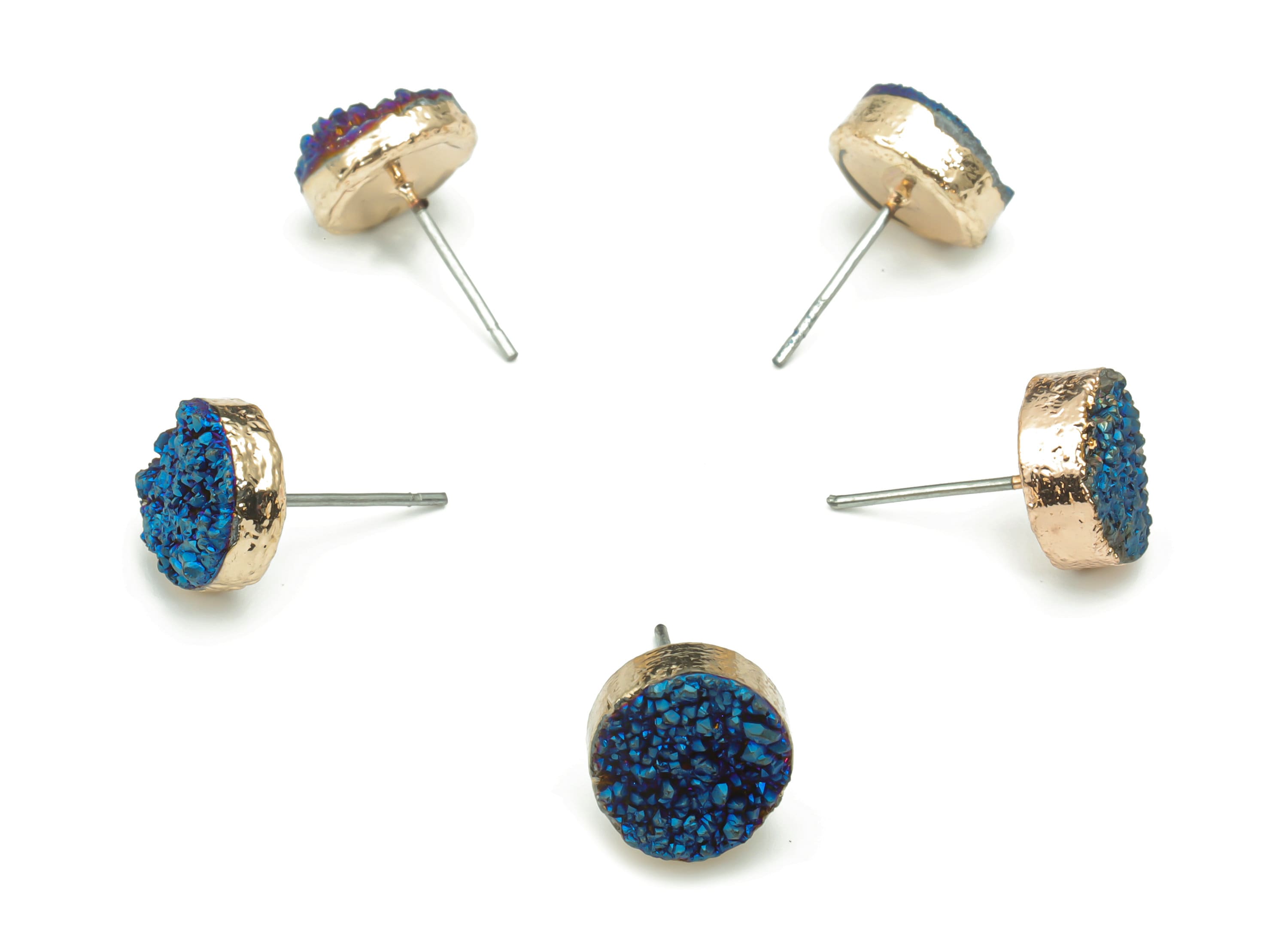 Blue Druzy Aura Quartz Natural Stone Stud - Brass Round Post - Gold Tone Plated Brass – Stainless Steel Stud - 10.14x10.14x5.89mm – NS1629A - DOMEDBAZAAR